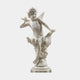 Winged Sitting Cherub Angel Marble Outdoor Sculpture in white marble, depicting a smiling cherub seated with spread wings and a bird in hand, on a round pedestal base, against a plain light background.