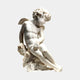 Eros Cupid Angel Marble Outdoor Sculpture in white natural marble depicting a seated winged youth with curly hair and a contemplative downward gaze, set against a plain light grey background.
