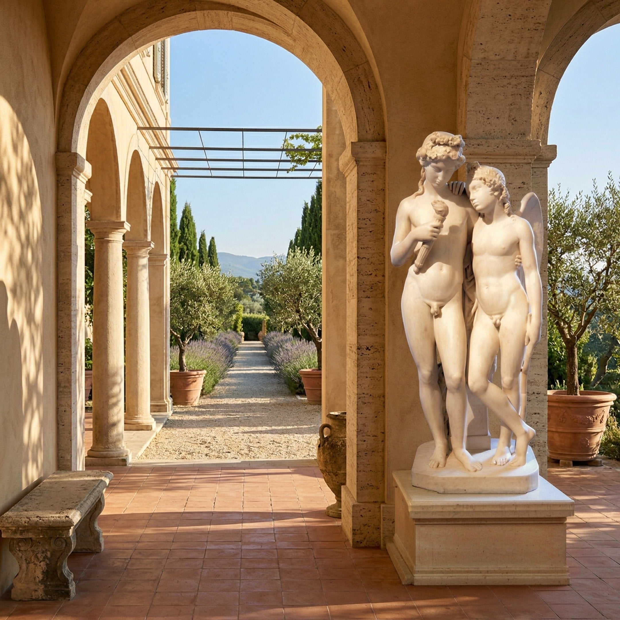 Cupid Kindling The Torch Angel Marble Outdoor Sculpture in white marble, 160cm tall, displayed under a warm stone loggia with arched columns, terracotta tiles, and a lavender-lined garden path.