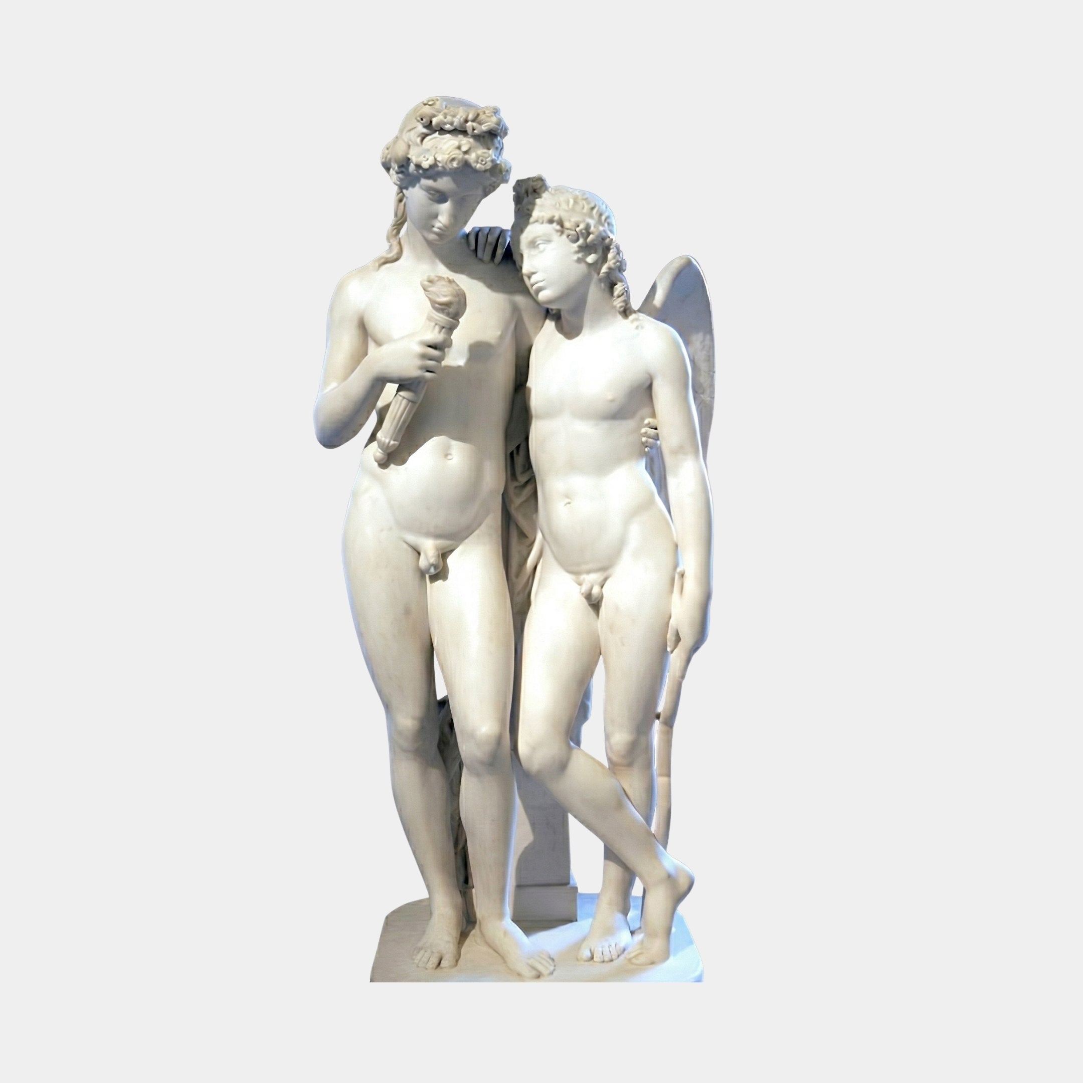 Cupid Kindling The Torch Angel Marble Outdoor Sculpture by Giant Sculptures, depicting two youthful figures in white marble with wings and a torch, on a plain light background.