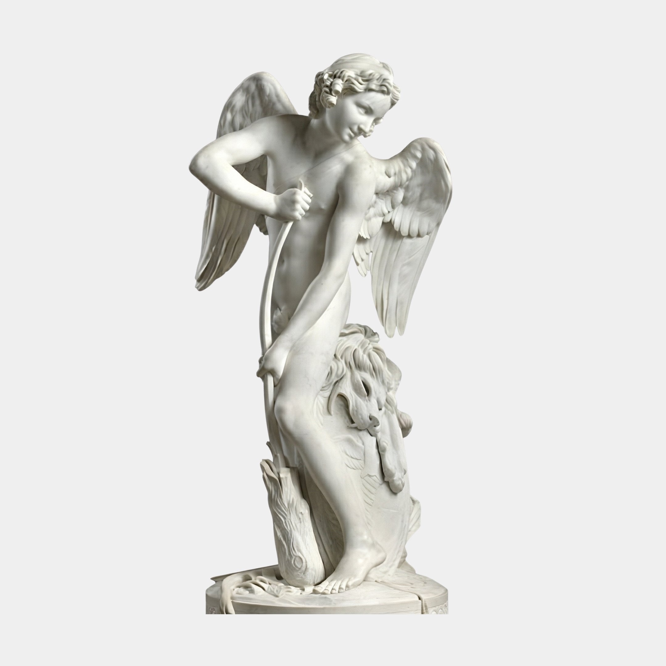 Naughty Cupid Angel Marble Outdoor Sculpture by Giant Sculptures, 150cm white marble figure with detailed wings and bow, standing over a lion, on a plain light background.