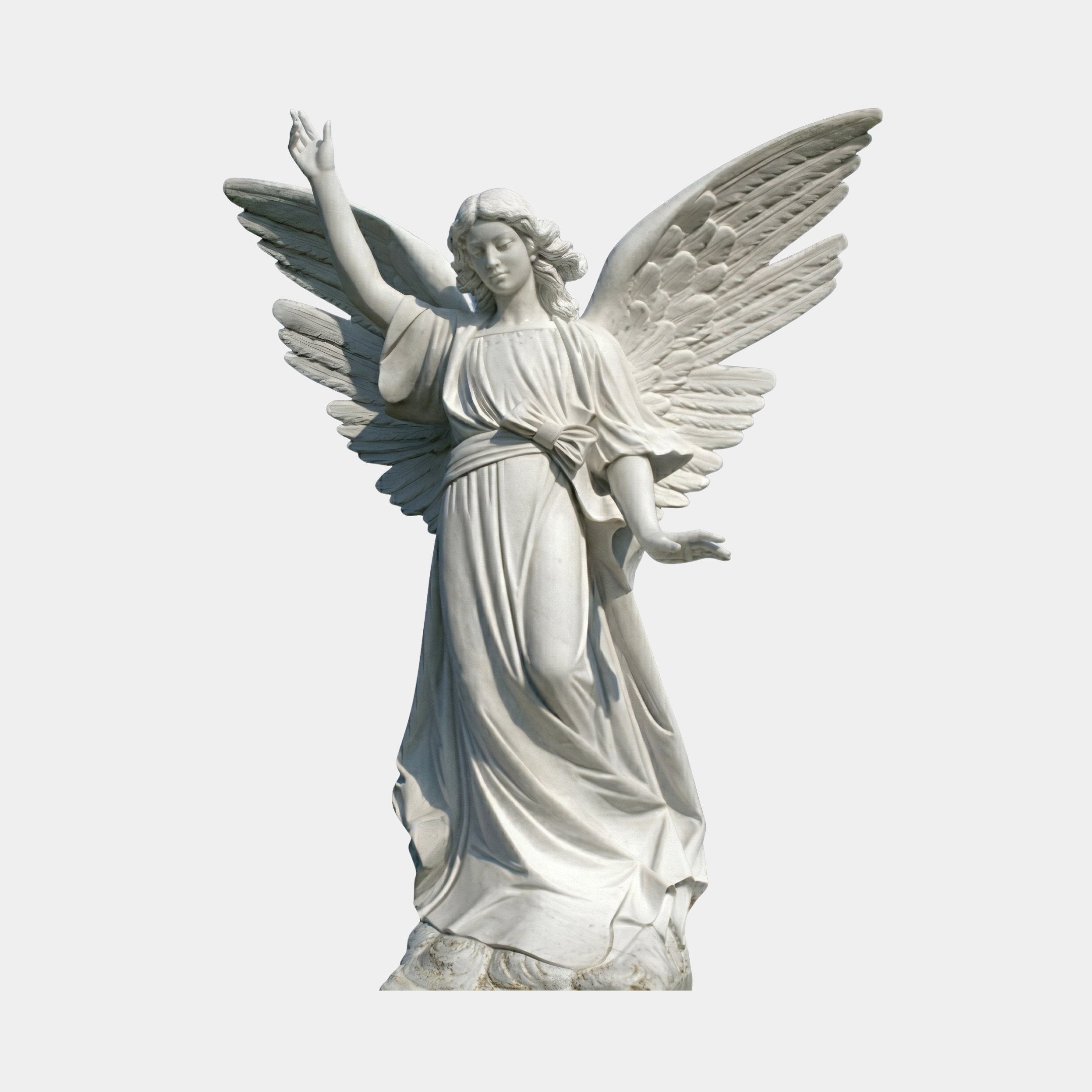 Female Angel Marble Outdoor Sculpture – 180cm by Giant Sculptures, depicting a winged angel in flowing classical robes with one arm raised, carved in natural white marble on a plain light background.