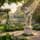 Cupid and Psyche Angel Marble Outdoor Sculpture by Giant Sculptures, depicting Cupid reviving Psyche with a kiss, in white marble on a square pedestal in a formal garden setting.