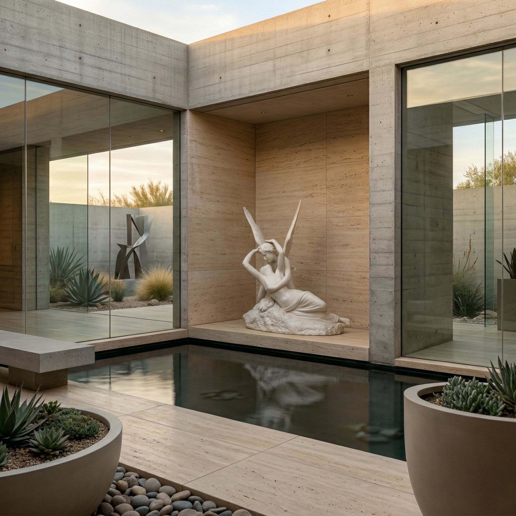 Eros And Psyche Angel Marble Outdoor Sculpture by Giant Sculptures displayed in a recessed travertine niche above a reflective pool, surrounded by desert landscaping and concrete walls.