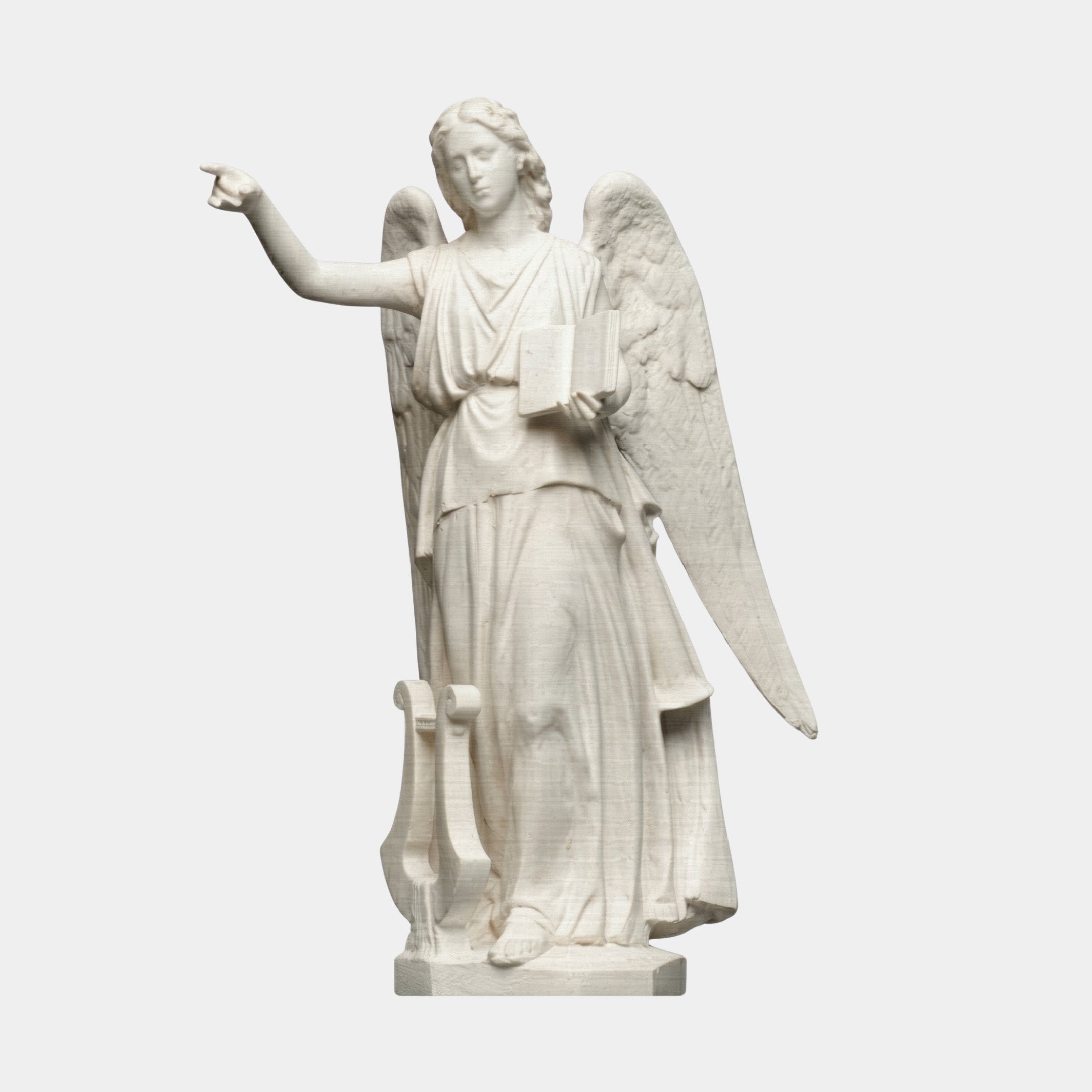 Praying Angel Marble Outdoor Sculpture by Giant Sculptures, 180cm white marble winged angel holding a book with one arm extended, lyre at her feet, against a plain light background.