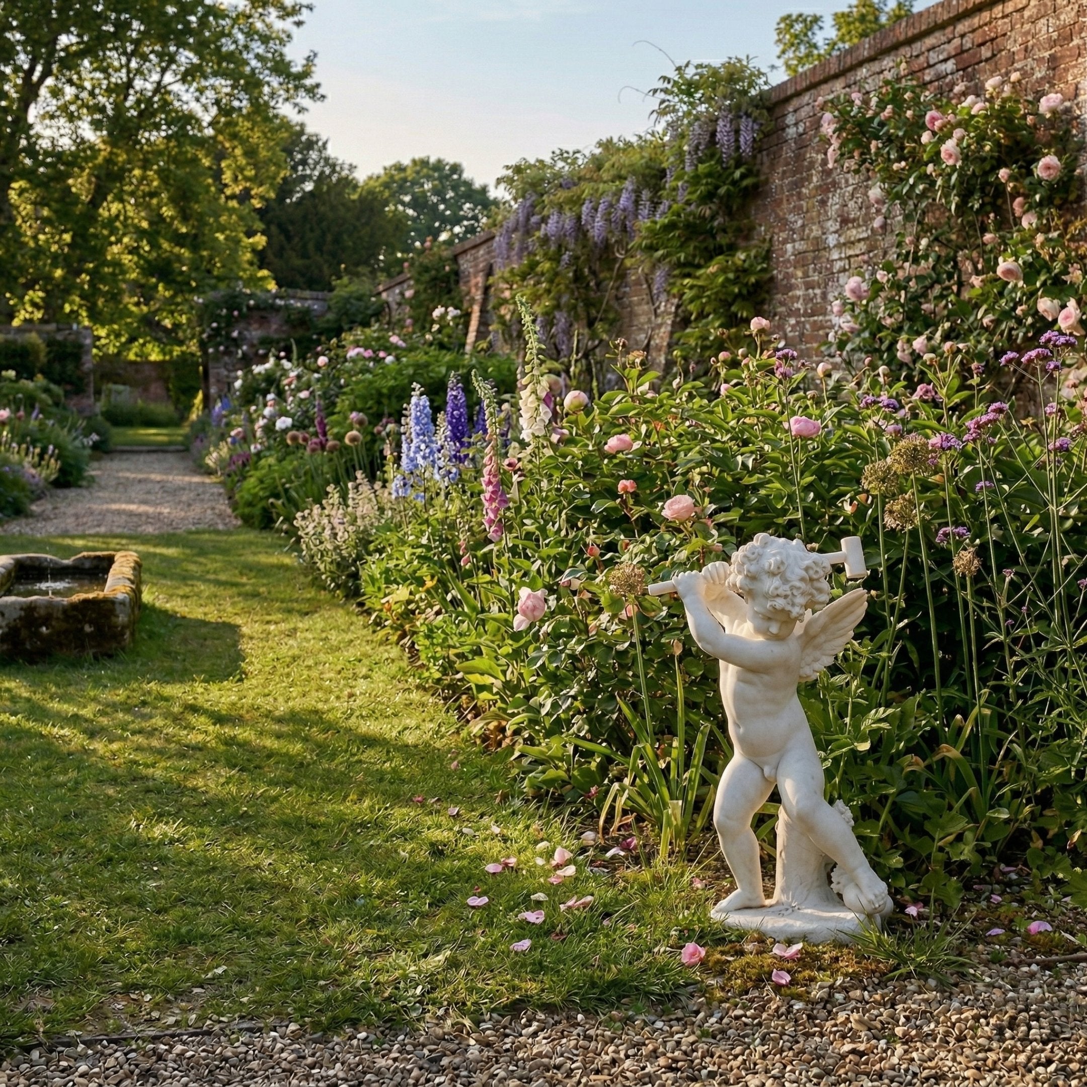 Implacable Putto Cupid Angel Marble Outdoor Sculpture in white marble, shown in an English walled garden setting among roses, foxgloves, and delphiniums.