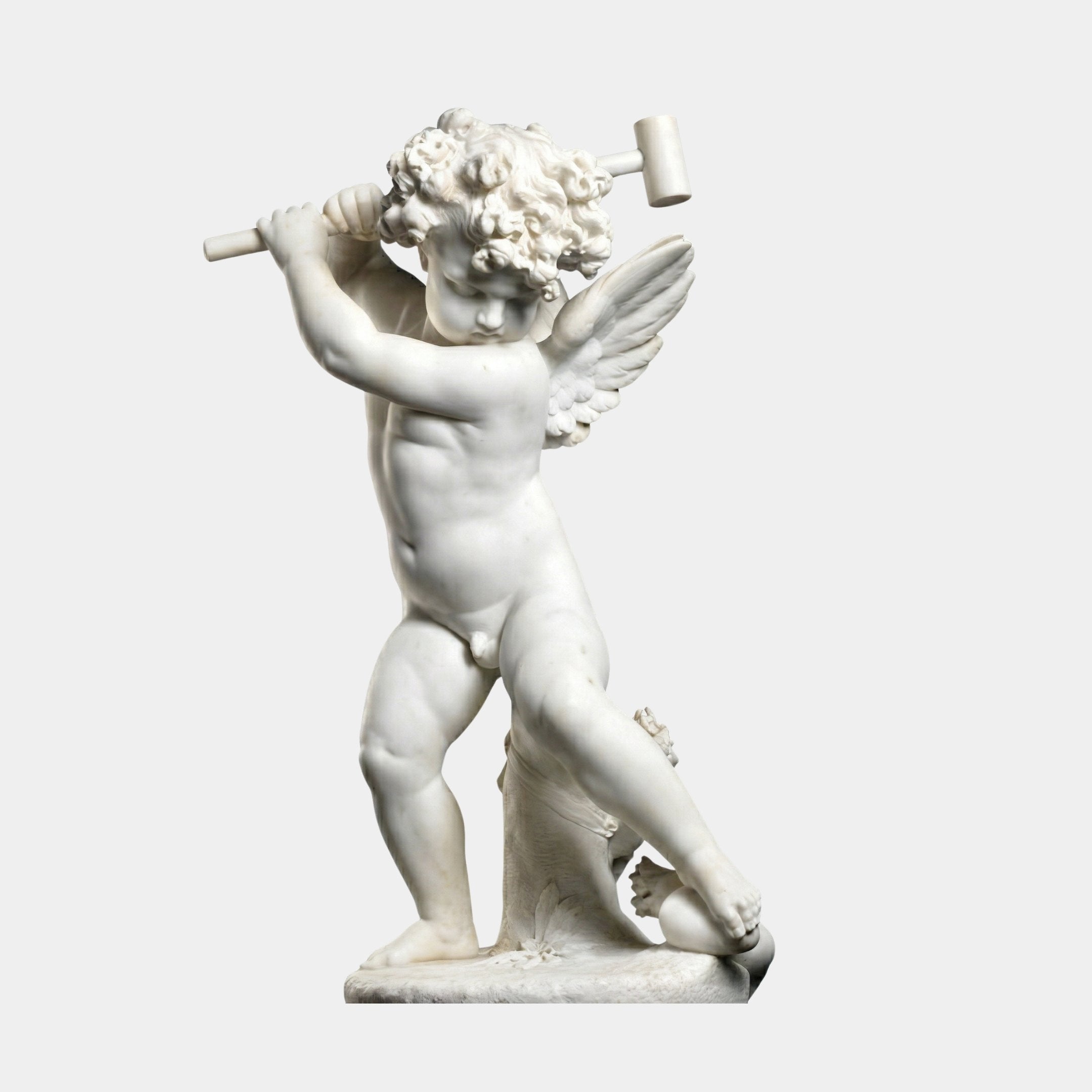 Implacable Putto Cupid Angel Marble Outdoor Sculpture in white marble, depicting a winged cherub with curly hair swinging a mallet, shown against a plain light background.
