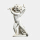 Implacable Putto Cupid Angel Marble Outdoor Sculpture in white marble, depicting a winged cherub with curly hair swinging a mallet, shown against a plain light background.