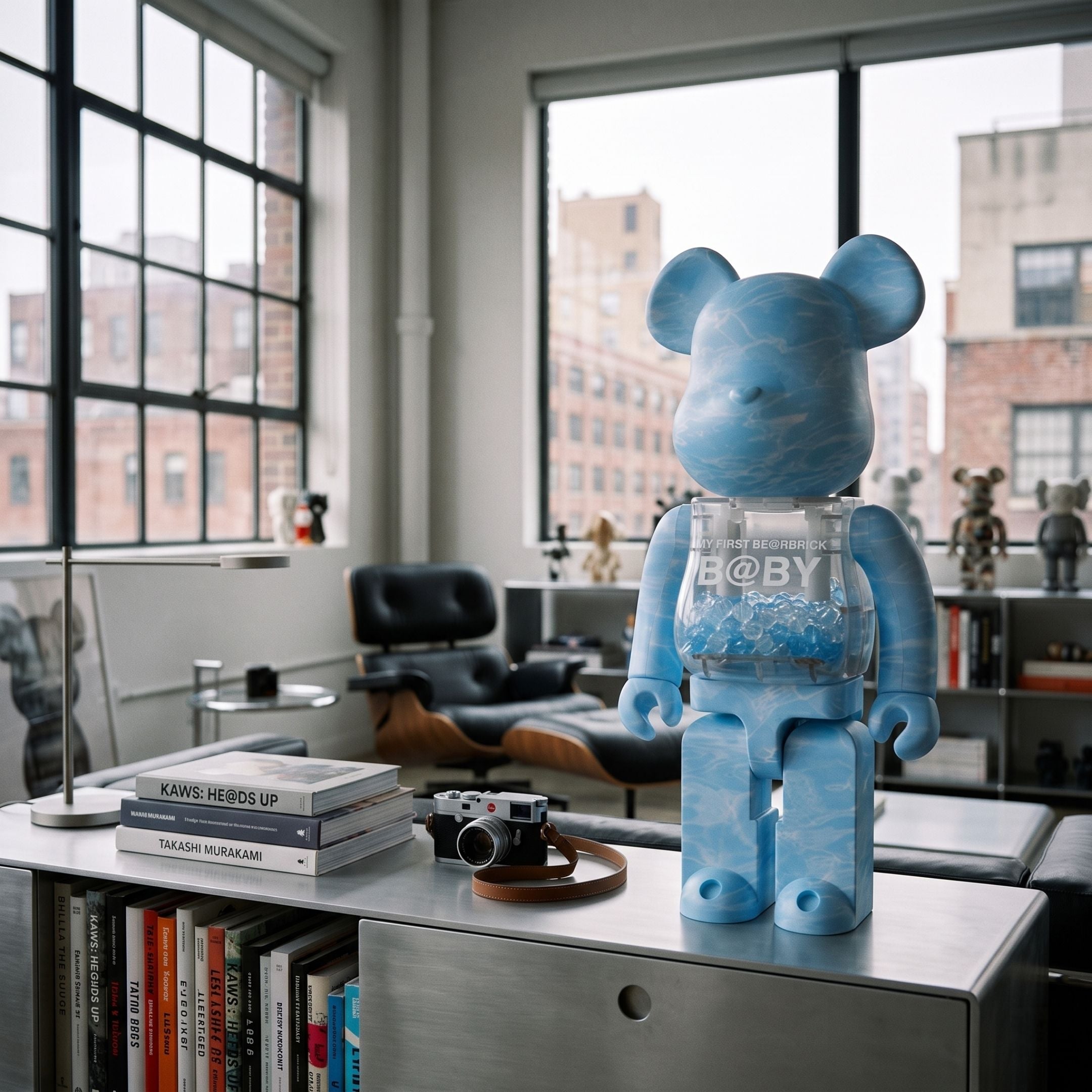 Marine Beads Bear Sculpture - 70cm by Giant Sculptures, blue resin bear with transparent bead-filled chest panel, displayed on a cabinet in a loft-style living room.