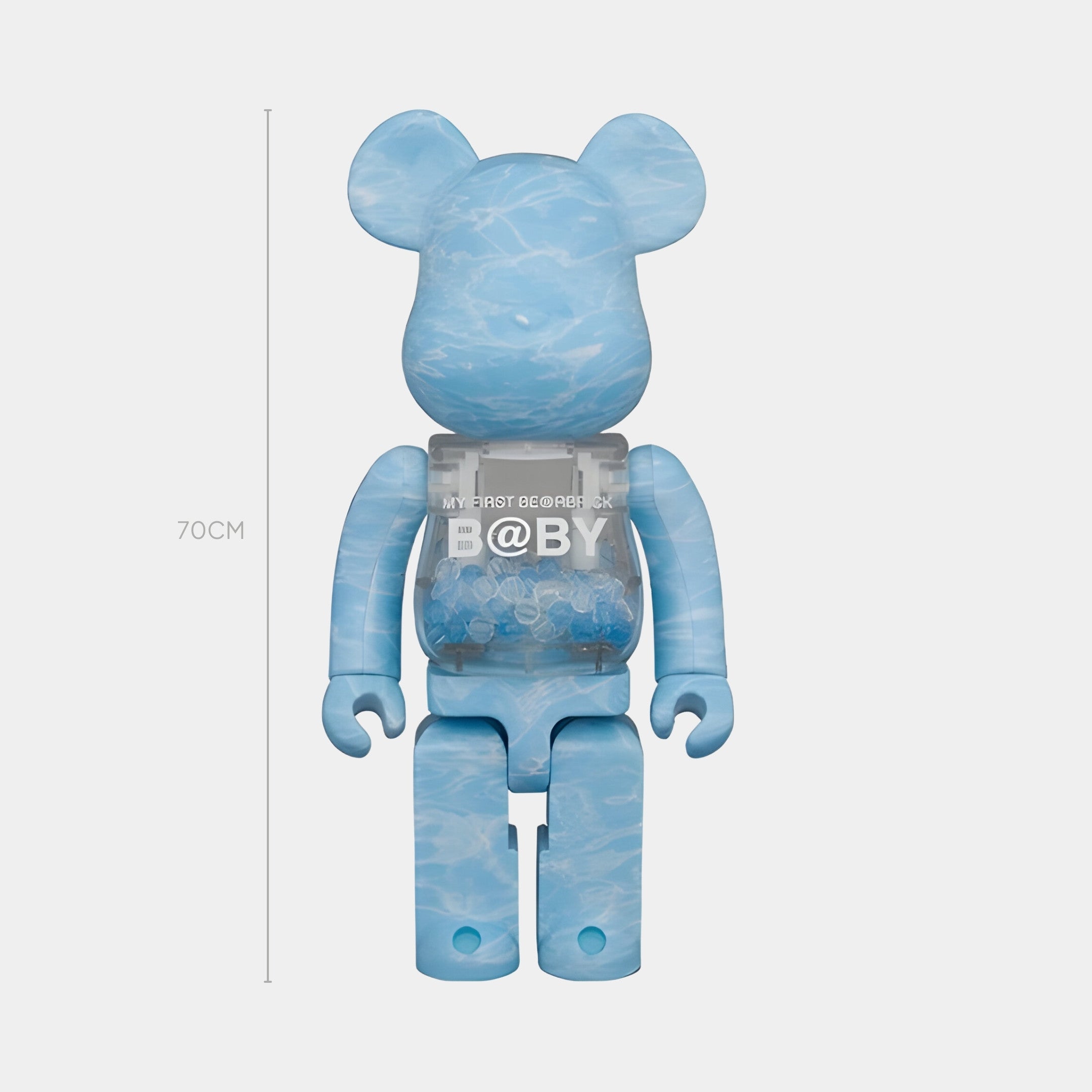 The Marine Beads Bear Sculpture - 70cm by Giant Sculptures is a limited-edition blue collectible figure with a water-inspired pattern, transparent chest, and “MY FIRST BE@RBRICK B@BY” text, evoking an Ocean Calm vibe.