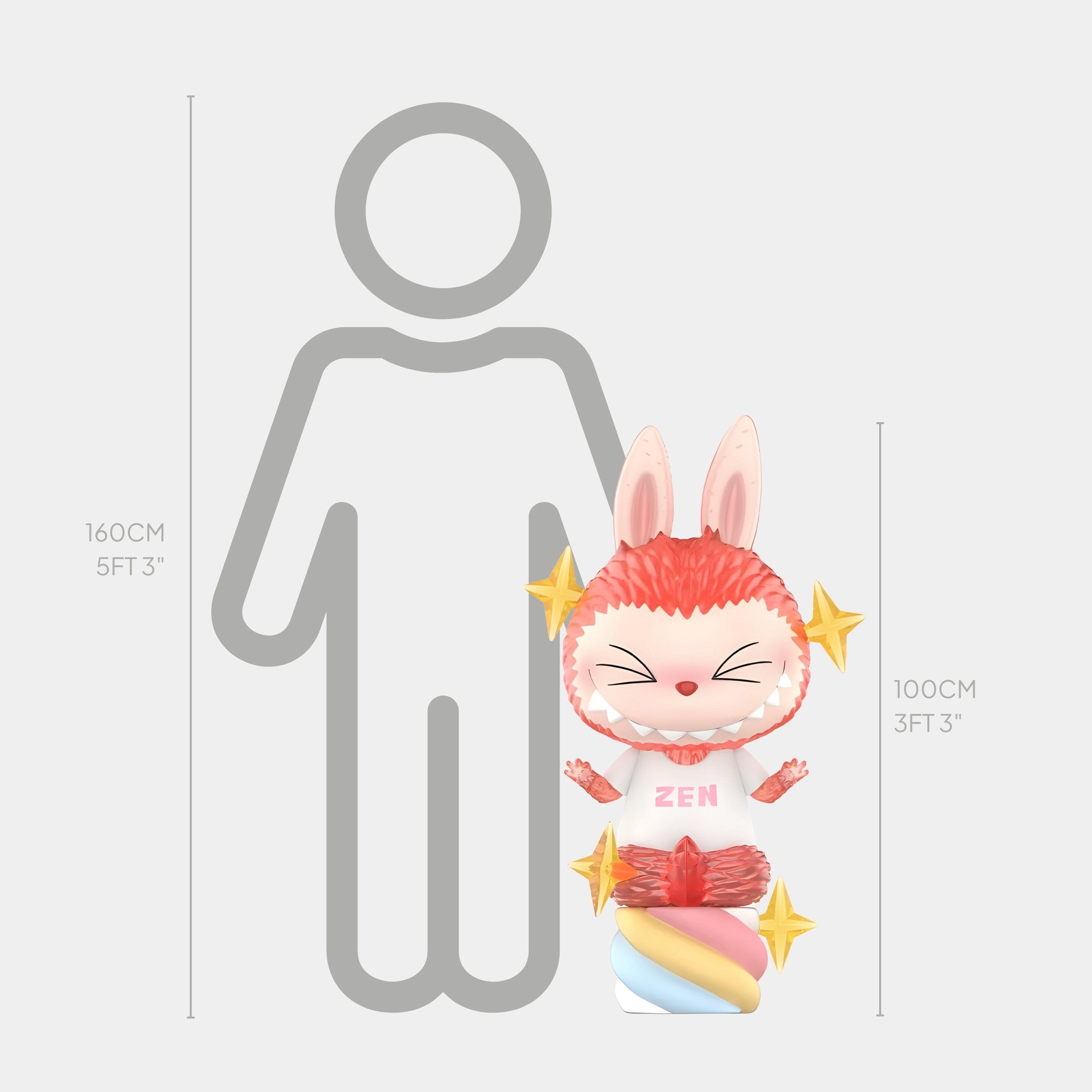 Side-by-side illustration showing a 160 cm (5 ft 3 in) human and the Giant Sculptures Marshmallow Candy Labubu Sculpture - 100cm, a cute pink bunny-eared fibreglass art piece in pastel tones, for size comparison.