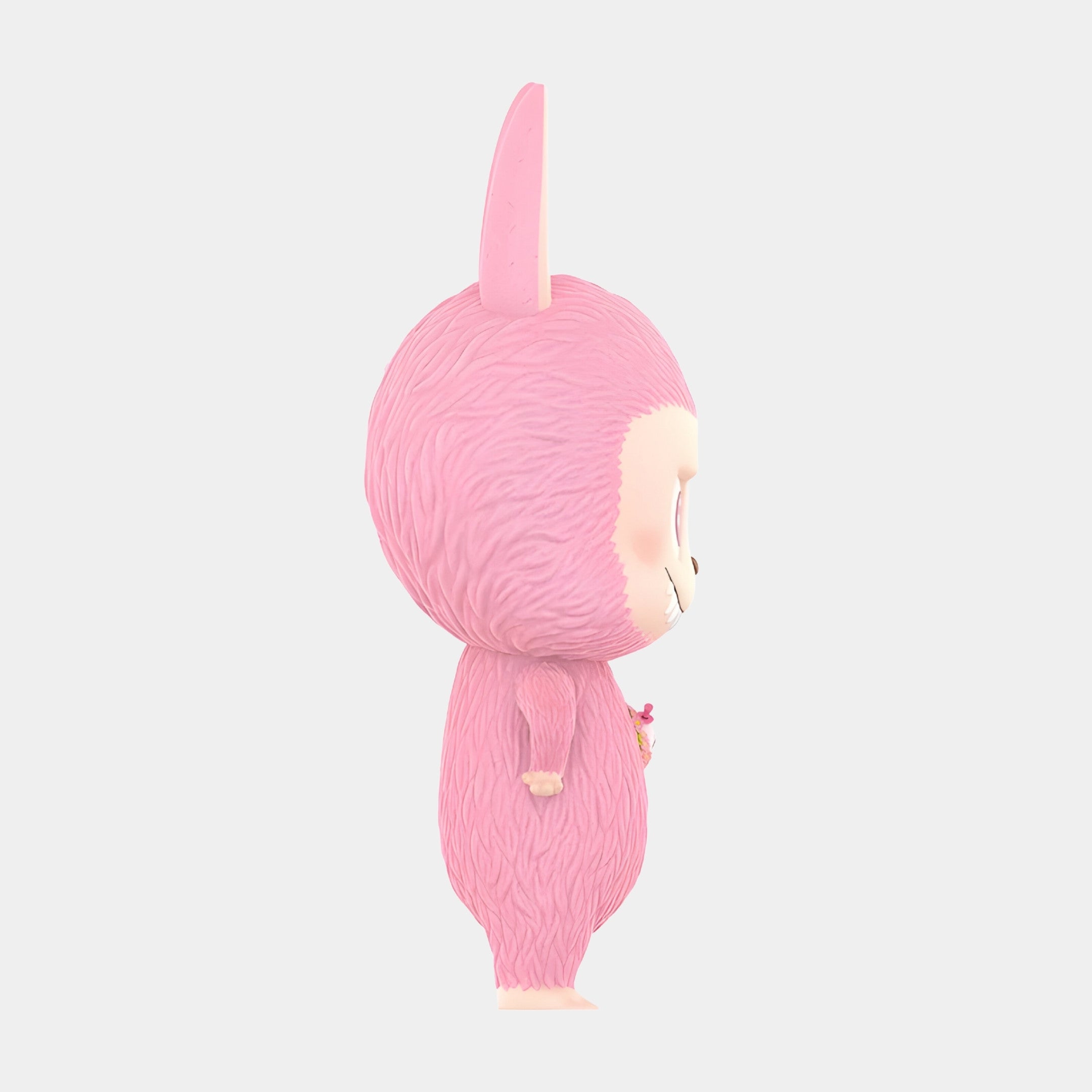 Side view of The Monster Mega Labubu Sculpture - 160cm by Giant Sculptures, a cute pink fluffy figure with a round body, small arms, bunny-like ears, and lifelike faux-fur texture, standing upright against a plain white background.