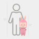 A pink, bunny-like figure with big eyes and fangs stands beside a gray human outline chart. The Monster Mega Labubu Sculpture - 100cm by Giant Sculptures features lifelike faux-fur texture or fiberglass and a unique design.