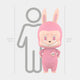 A pink, furry cartoon character with bunny ears and a skull emblem stands by a height chart (160cm) next to a human outline—depicting The Monster Mega Labubu Sculpture - 160cm from Giant Sculptures.