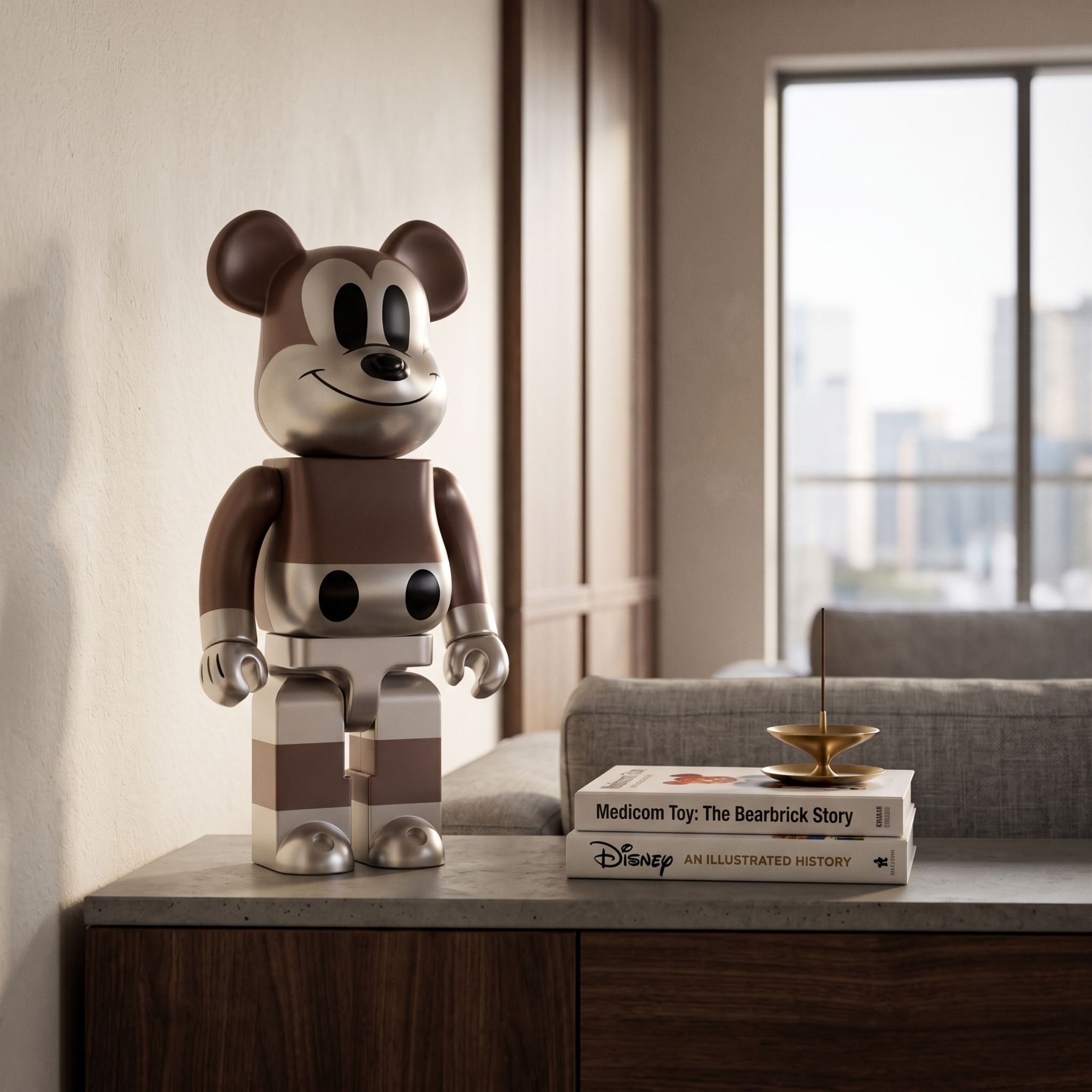 Metallic Sepia Toon Bear Sculpture, 70cm, in sepia-brown and silver with a cartoon smiling face, displayed on a sideboard in a living room beside stacked books.