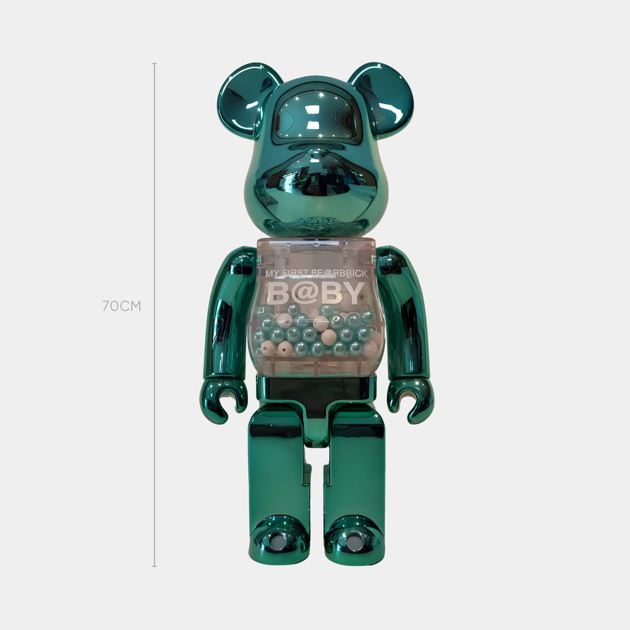 The Gleam Green Beads Bear Sculpture by Giant Sculptures stands 70cm tall, featuring a shiny metallic finish and transparent chest filled with moving beads for a mesmerizing kinetic effect.