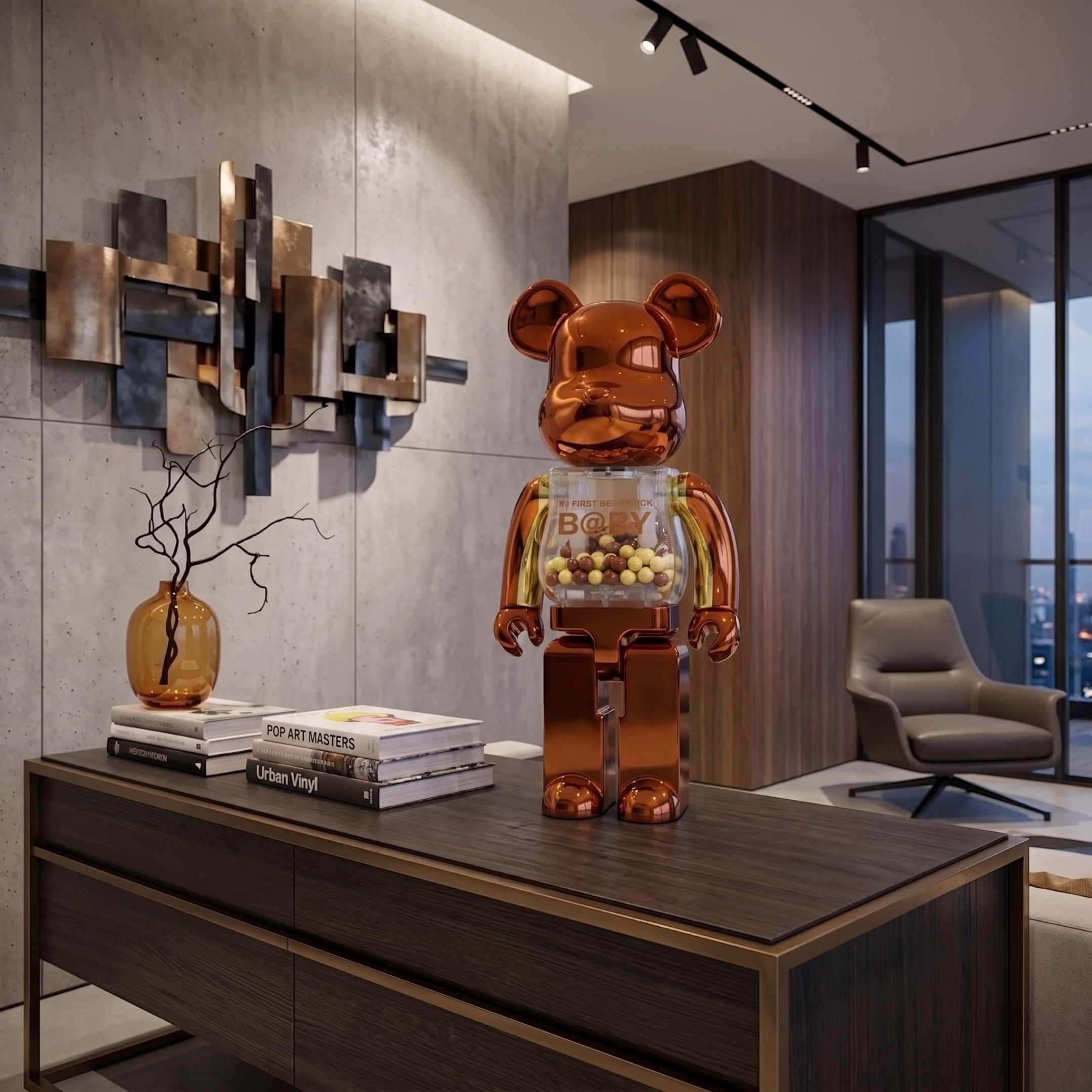 Metallic Orange Beads Bear Sculpture, 70cm, with bronze-gold finish and bead-filled clear torso, displayed on a wood console beside books and a vase in a modern living room.