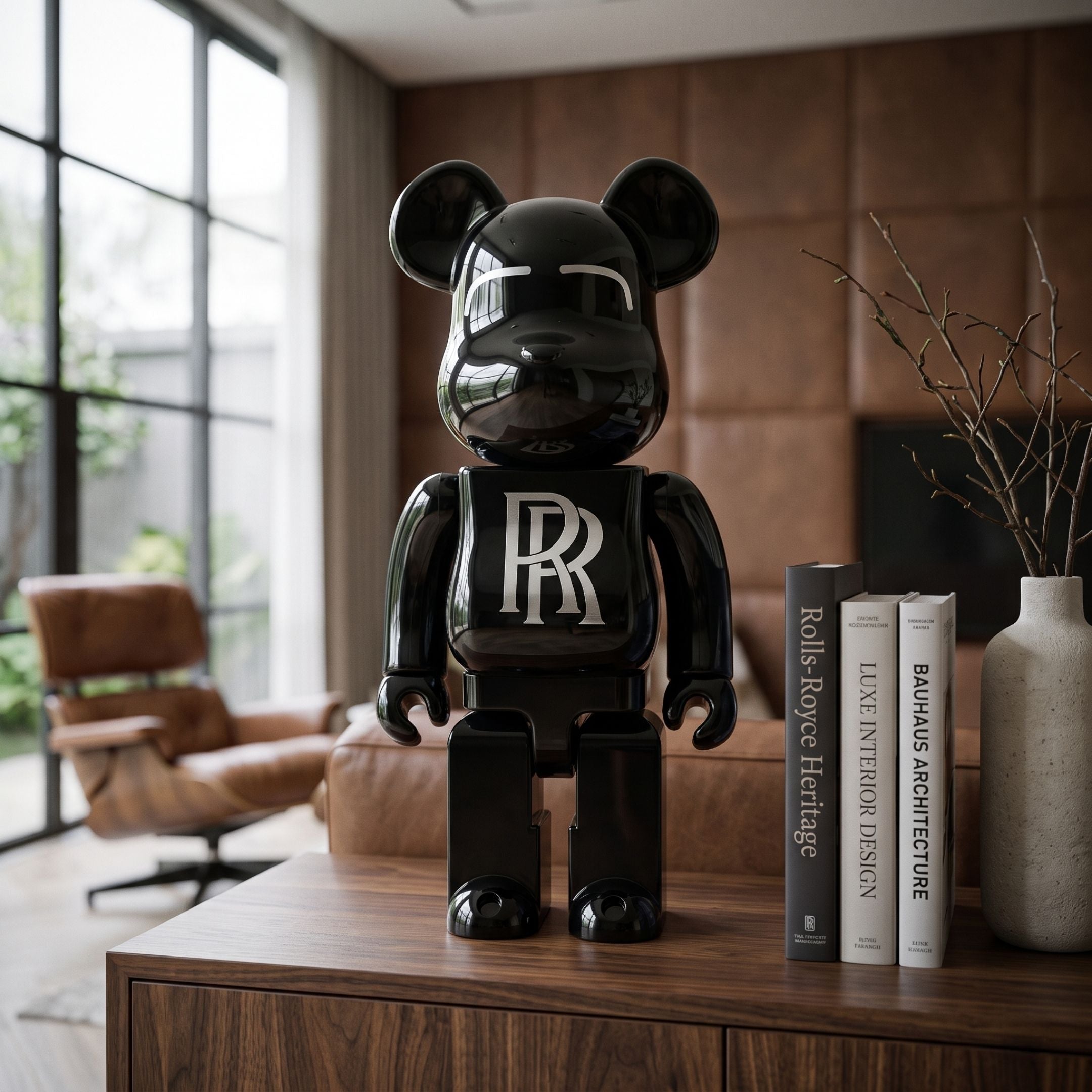 Midnight Crest Bear Sculpture - 70cm, glossy black resin bear with white RR crest, displayed on a wood cabinet beside books in a living room.