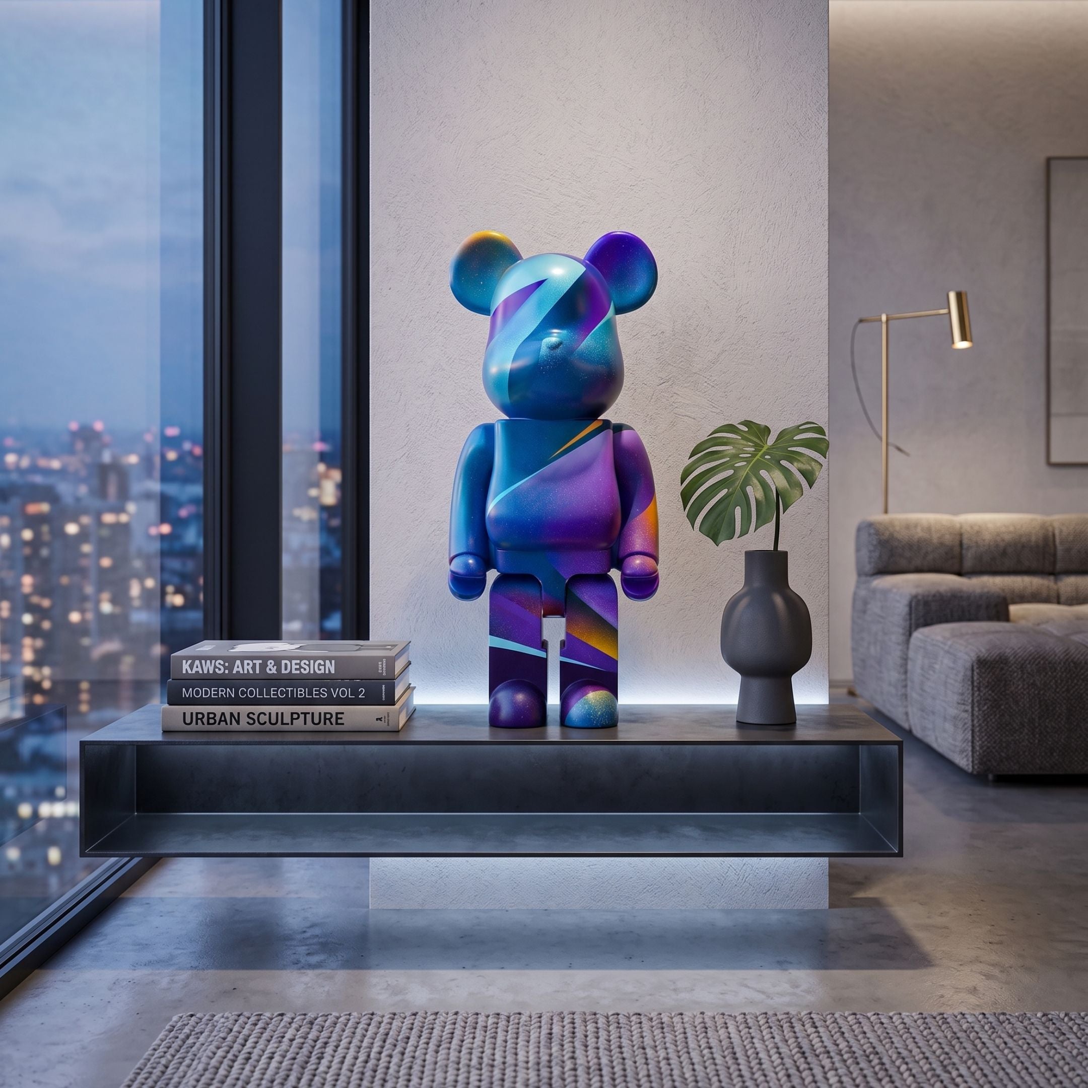 Midnight Sunset Bear Sculpture, 50cm, in blue-purple-orange gradient resin, displayed on a floating shelf with books and a vase in a modern living room.