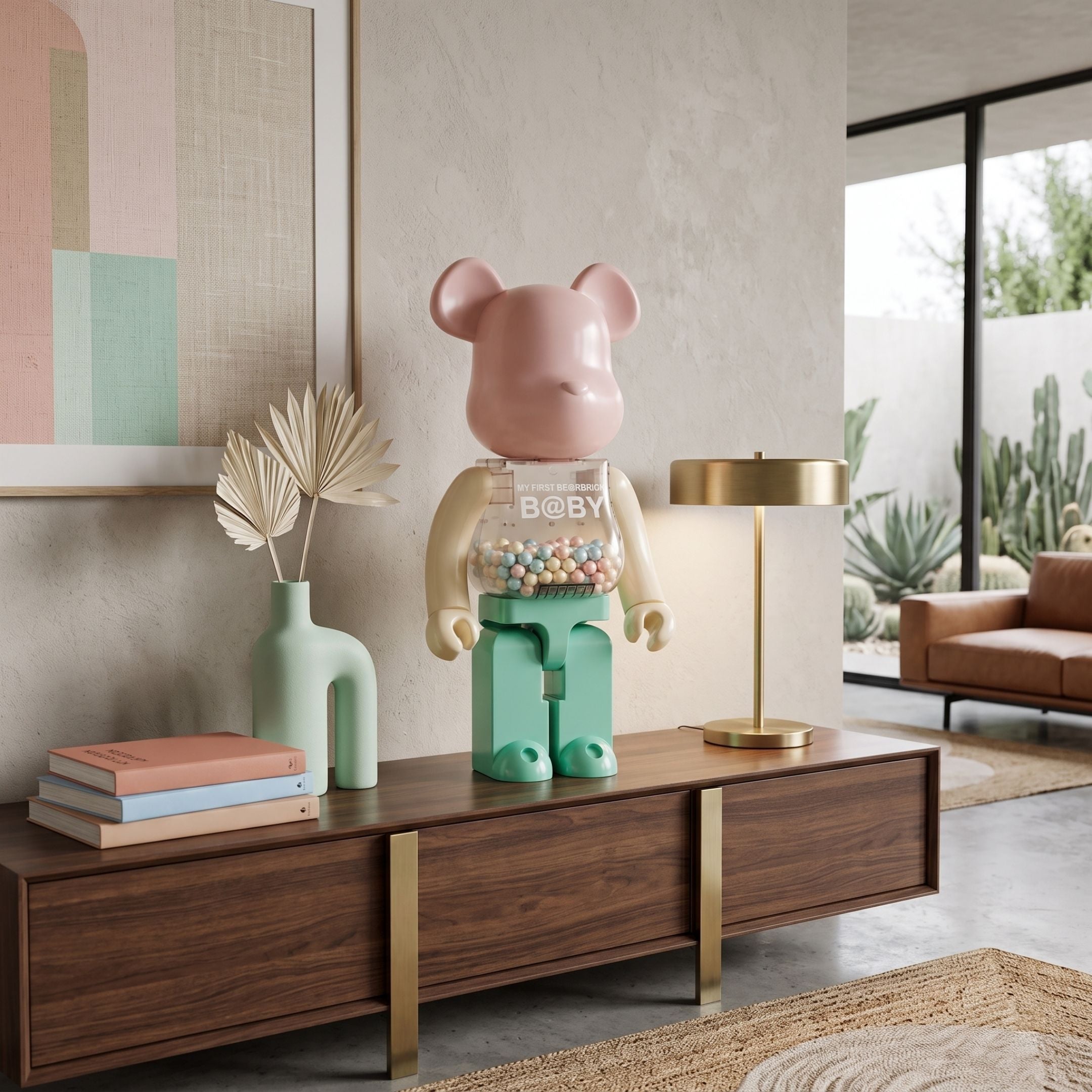 Mint Blush Beads Bear Sculpture, 70cm, with pink head, beige arms, mint-green legs, and bead-filled chest, displayed on a walnut sideboard in a living room.