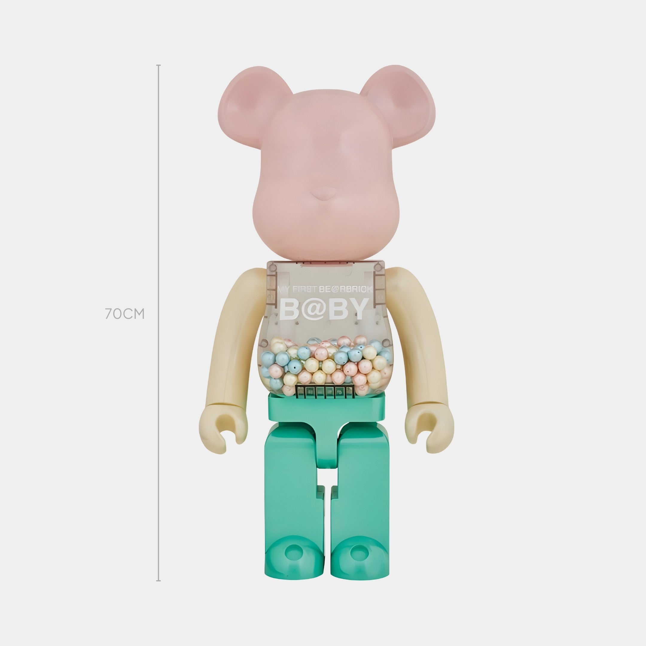 The Mint Blush Beads Bear Sculpture - 70cm by Giant Sculptures features a bear-shaped resin figure with beige arms and head, green legs, a pastel bead-filled chest marked B@BY, inspired by playful art.