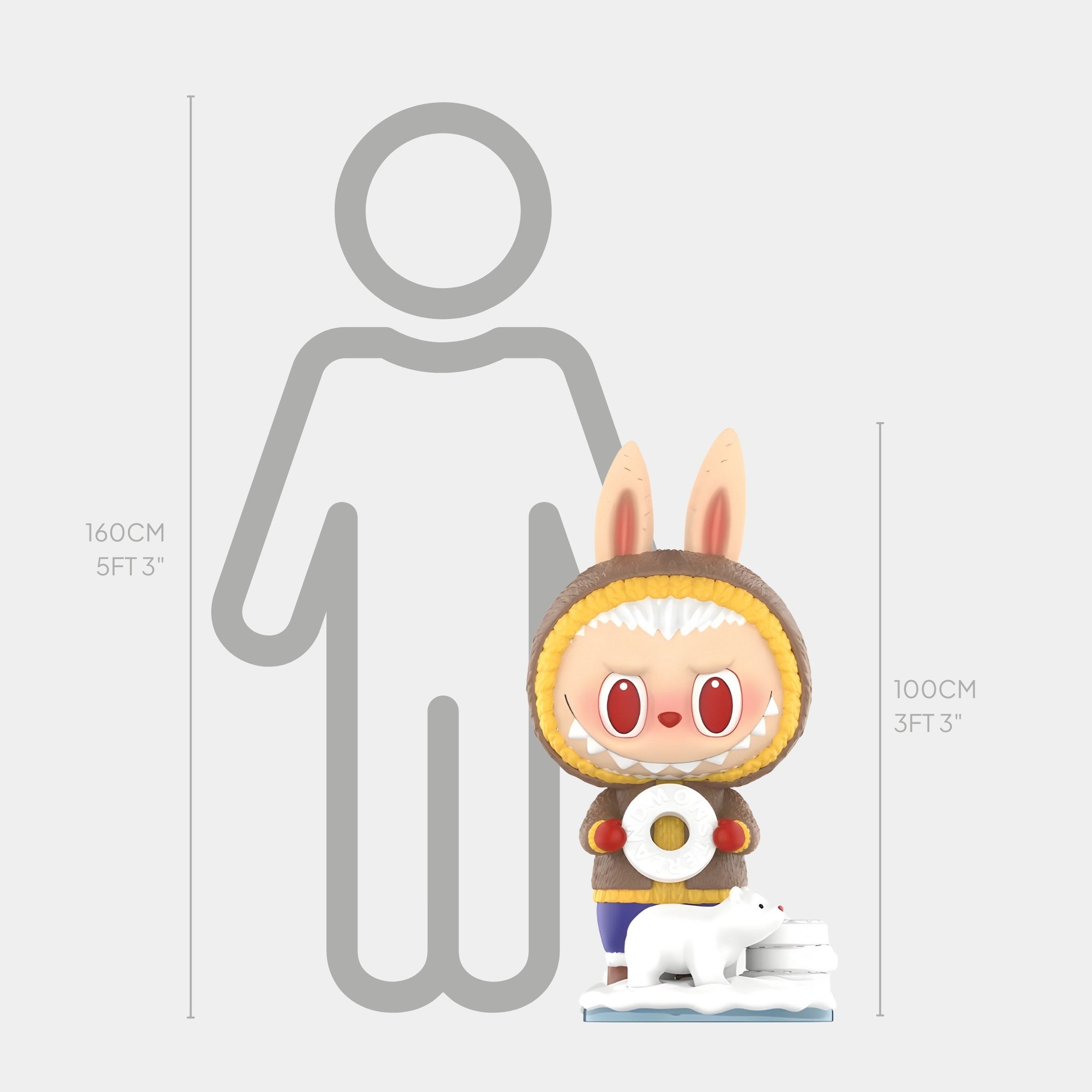 The Mint Candy Labubu Sculpture - 100cm by Giant Sculptures features a fibreglass figure with bunny ears, a donut, and a furry parka, standing on ice beside a small white animal. A silhouette shows height comparisons of 160cm and 100cm.