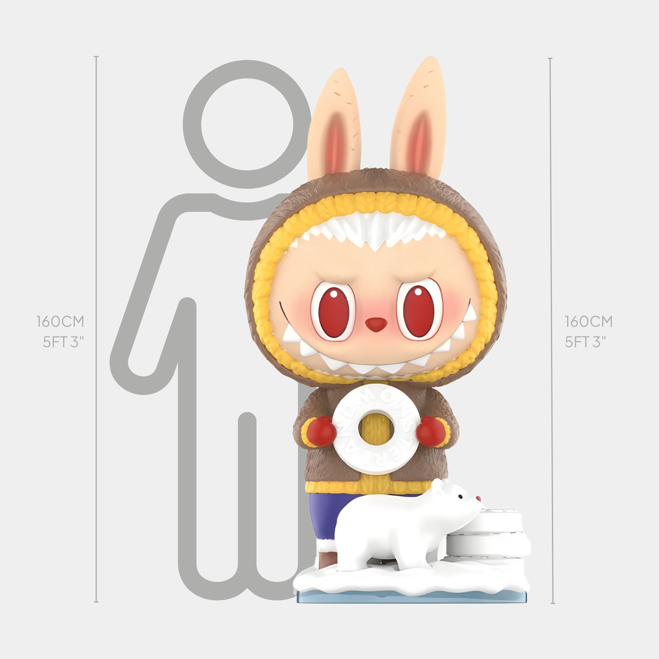The Mint Candy Labubu Sculpture - 160cm by Giant Sculptures features a cartoon figure in a brown bunny hood holding a large donut, next to a small white polar bear and snow blocks, with a height chart in the background.