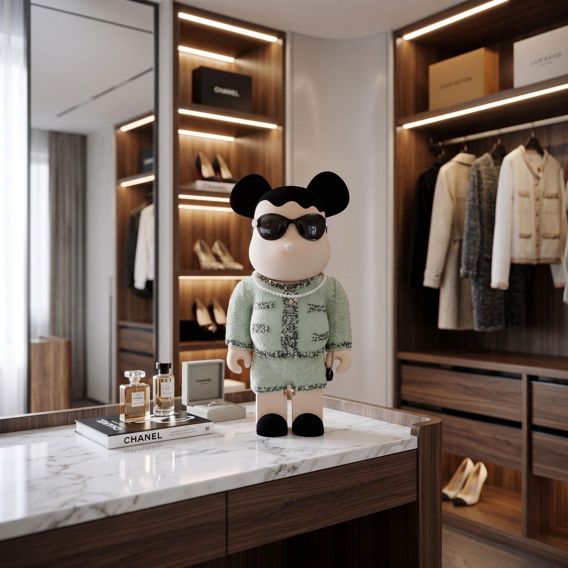 Mint Couture Bear Sculpture - 70cm by Giant Sculptures, wearing a glittery mint green tweed outfit and black sunglasses, displayed on a marble counter in a walk-in closet.