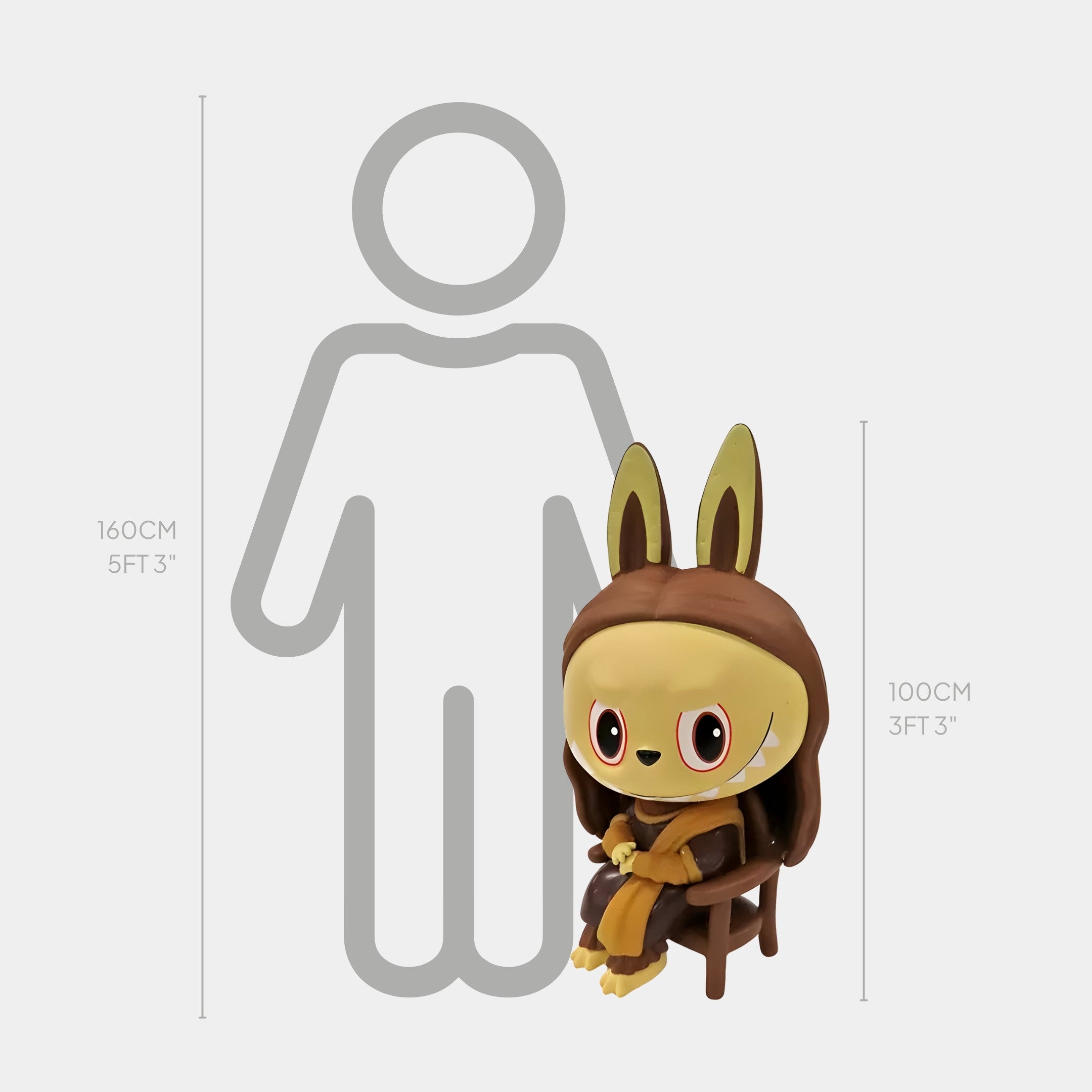 The Giant Sculptures Art History Mona Lisa Labubu Sculpture—100cm tall and in a brown bunny-eared hood—sits on a chair next to a 160cm person outline, evoking Renaissance style.