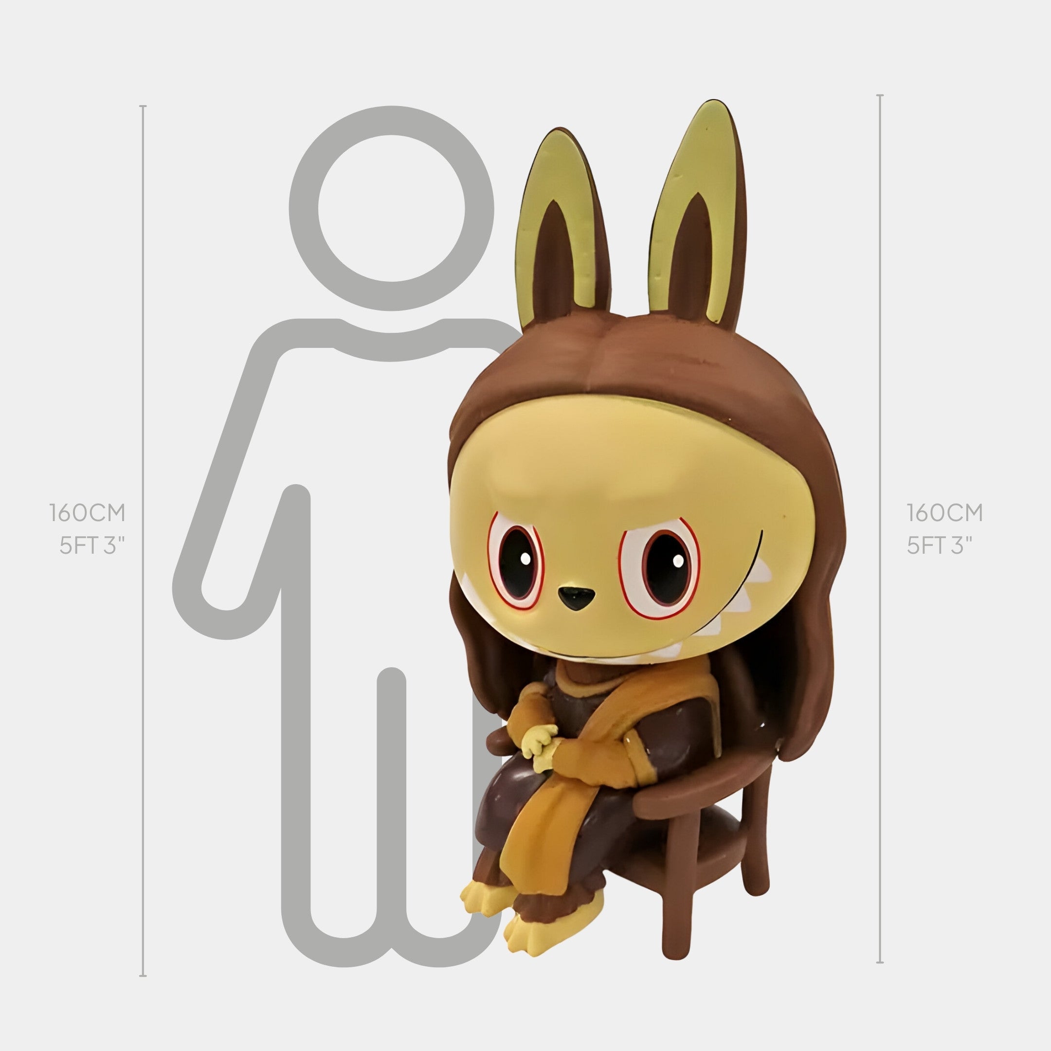 The Giant Sculptures Art History Mona Lisa Labubu Sculpture stands 160cm tall, made of fibreglass, and features a large bunny-like figure in brown and yellow on a chair, shown beside a human silhouette for scale against a white background.