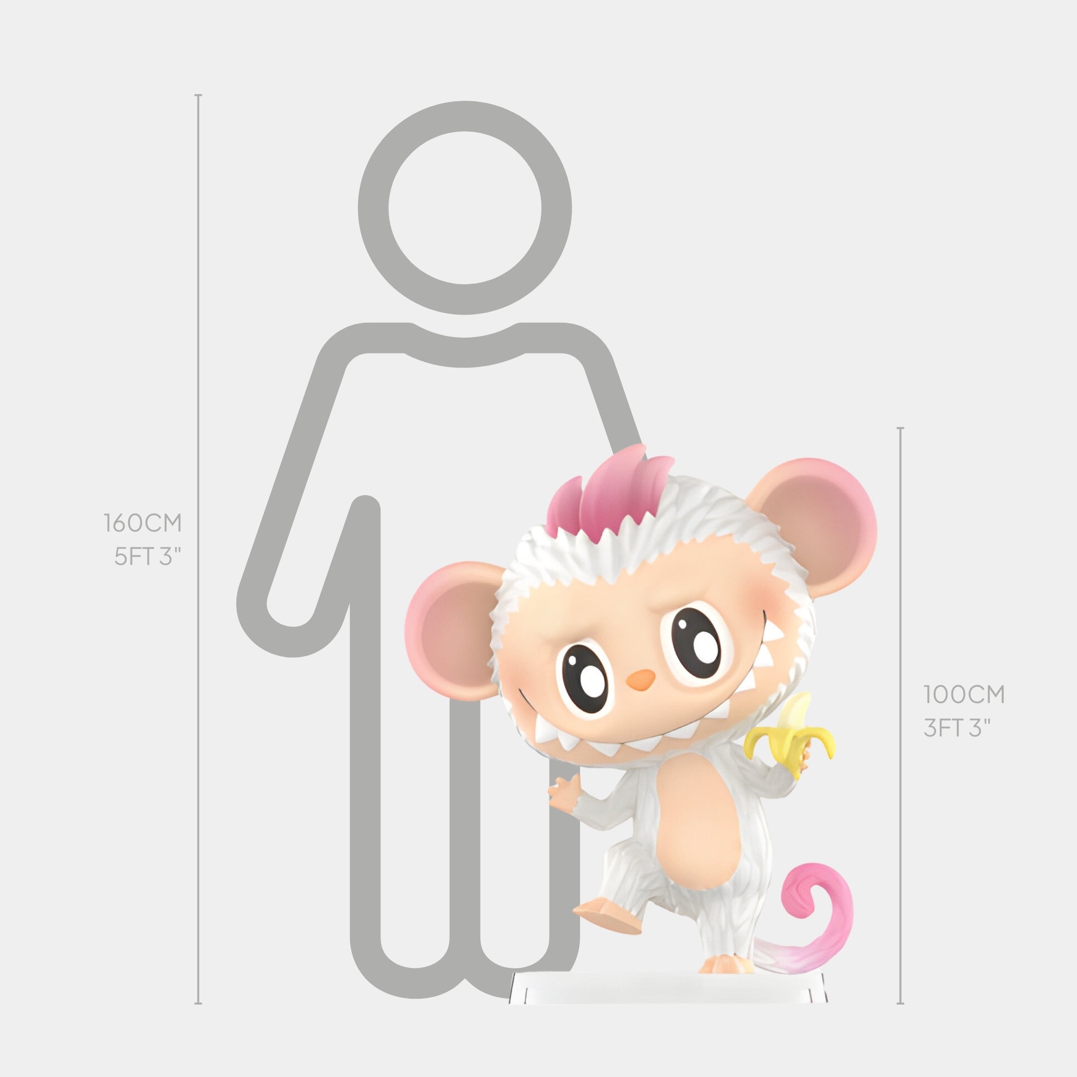 The Animal Monkey Labubu Sculpture - 100cm by Giant Sculptures features a cute cartoon monkey with white fur, pink accents, and a yellow tail, standing next to a 160 cm gray outline for size comparison. Made of fibreglass and full of playful charm.