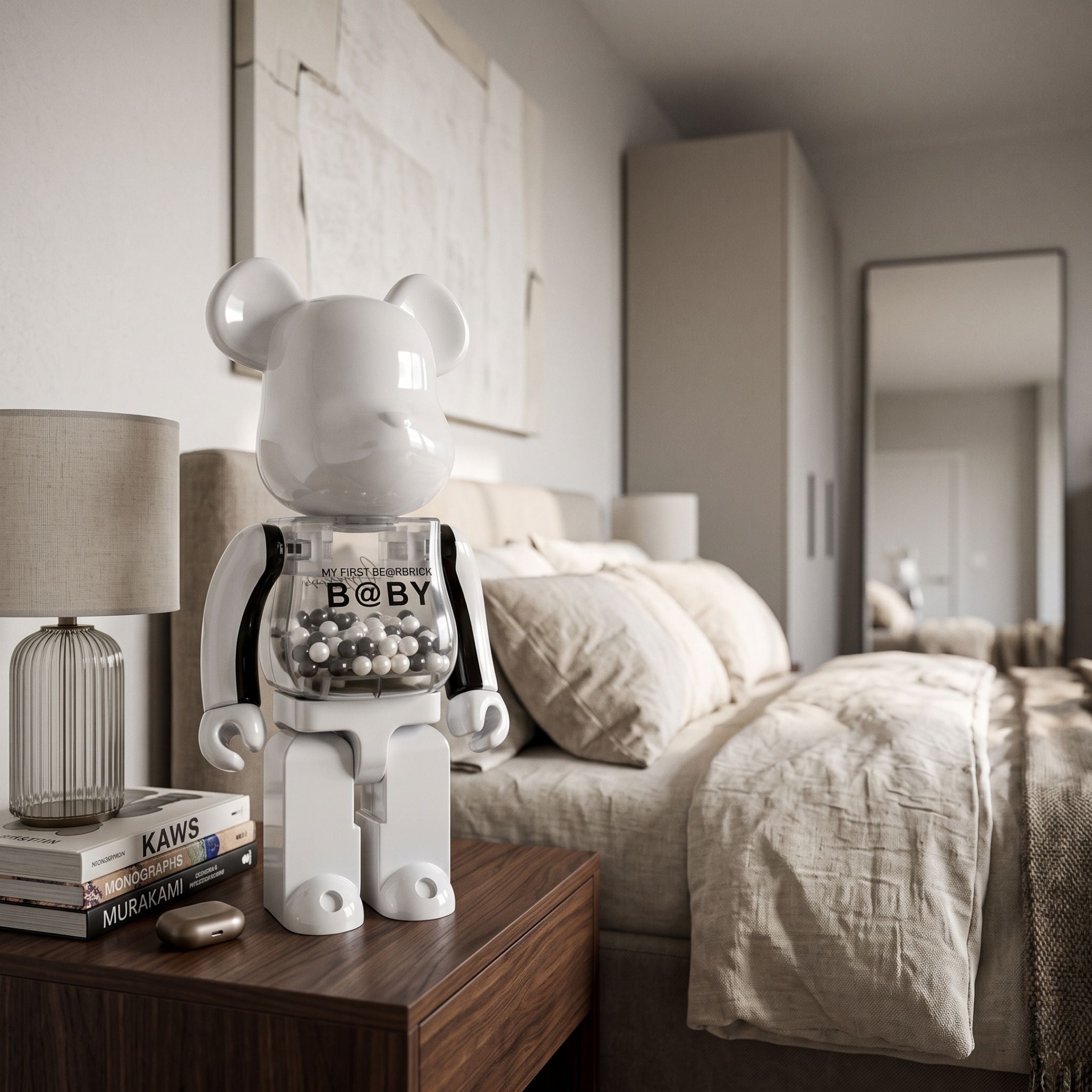 Monochrome Beads I Bear Sculpture, 70cm, white glossy body with black arms and bead-filled chest window, displayed on a wooden nightstand in a bedroom setting.