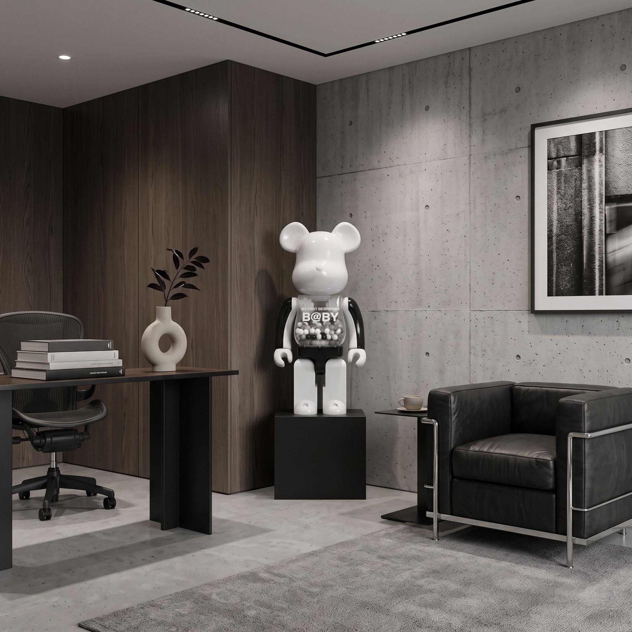 Monochrome Beads II Bear Sculpture - 70cm in black and white on a black pedestal, shown in an office with a wood desk and black armchair.