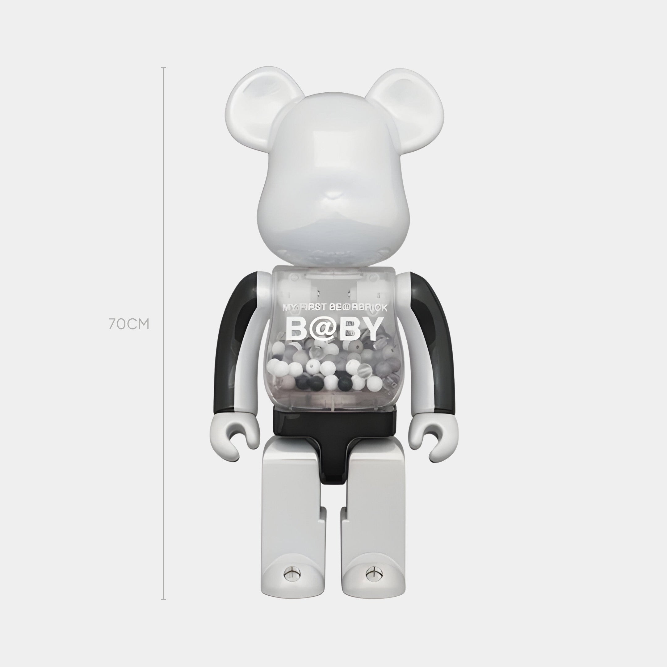 The Monochrome Beads II Bear Sculpture - 70cm by Giant Sculptures features high-gloss resin, a transparent chest with black, white, and gray balls, and contrasting black and white details. Text reads “MY FIRST BE@RBRICK B@BY.”.
