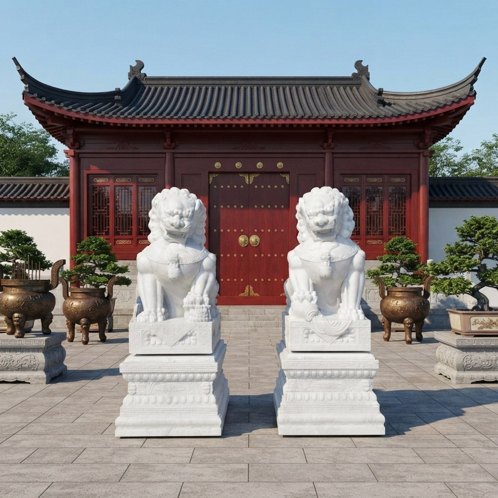 The pair of guardian lions flanking the doors of a lacquered temple hall