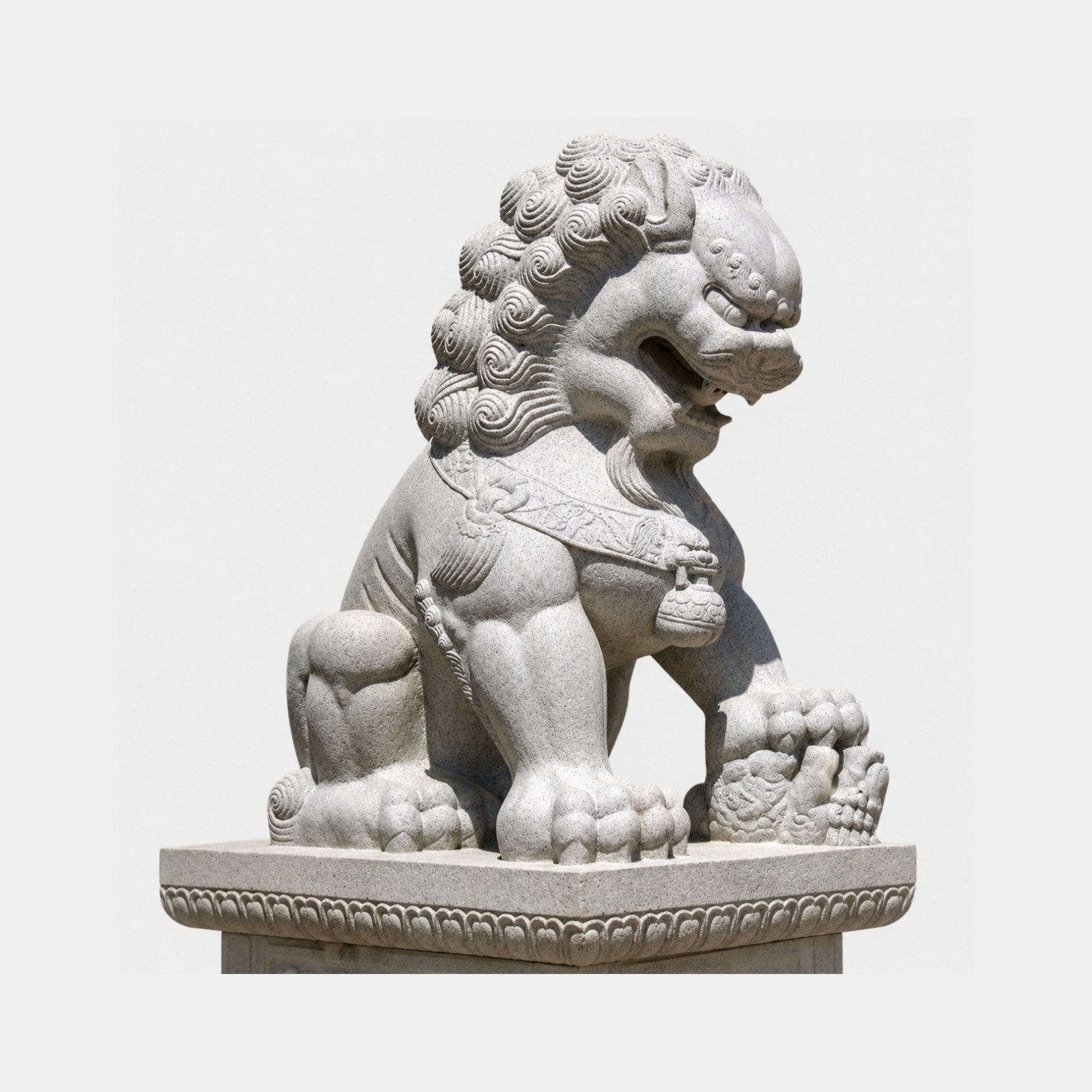 Grey speckled granite Chinese guardian lion with a cub at its paw, 180cm