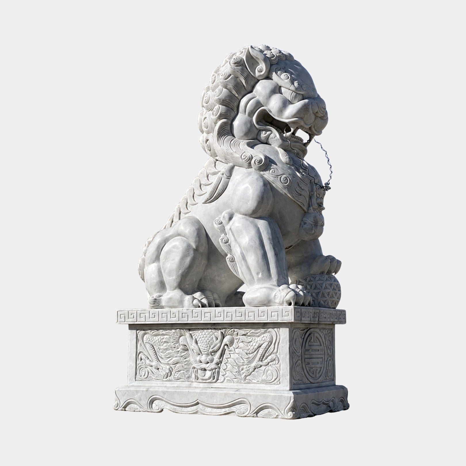 Guardian lion in profile with a paw on a ball, on a dragon-carved plinth
