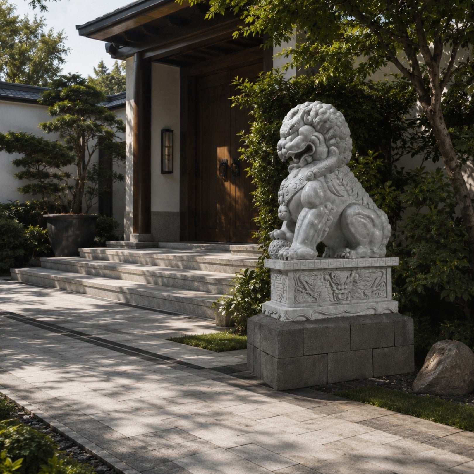The guardian lion on its carved plinth beside a timber house entrance