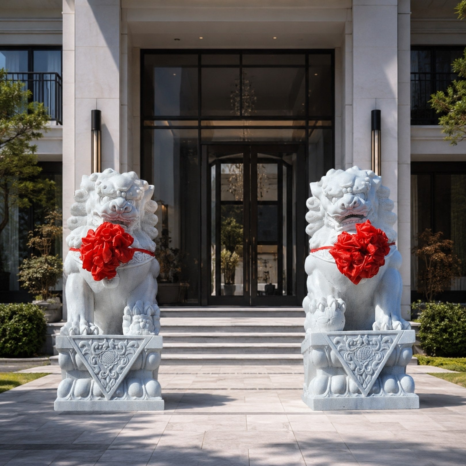 The pair of white marble guardian lions flanking the steps of a house entrance
