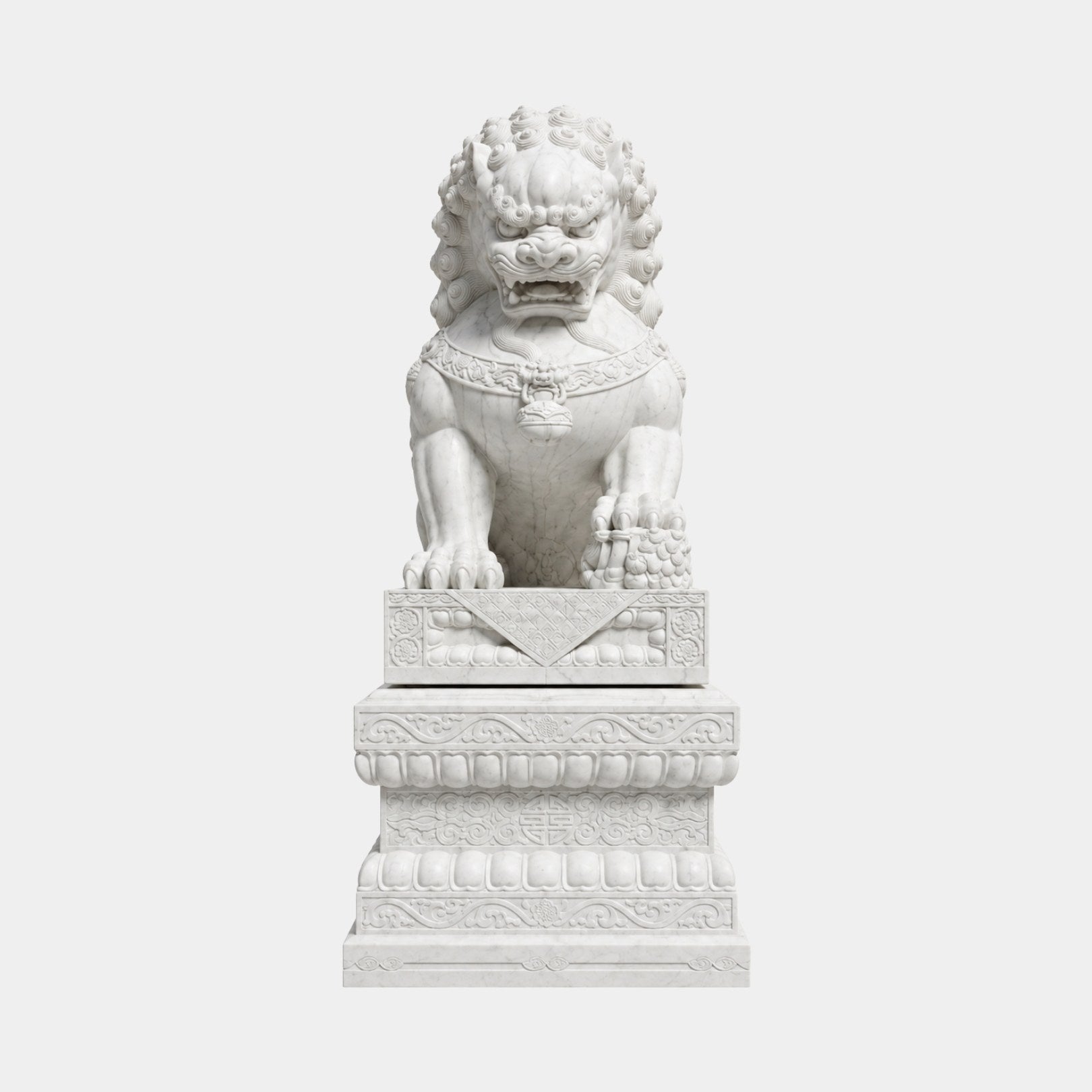 White marble guardian lion with grey veining on a three-tier plinth, 200cm