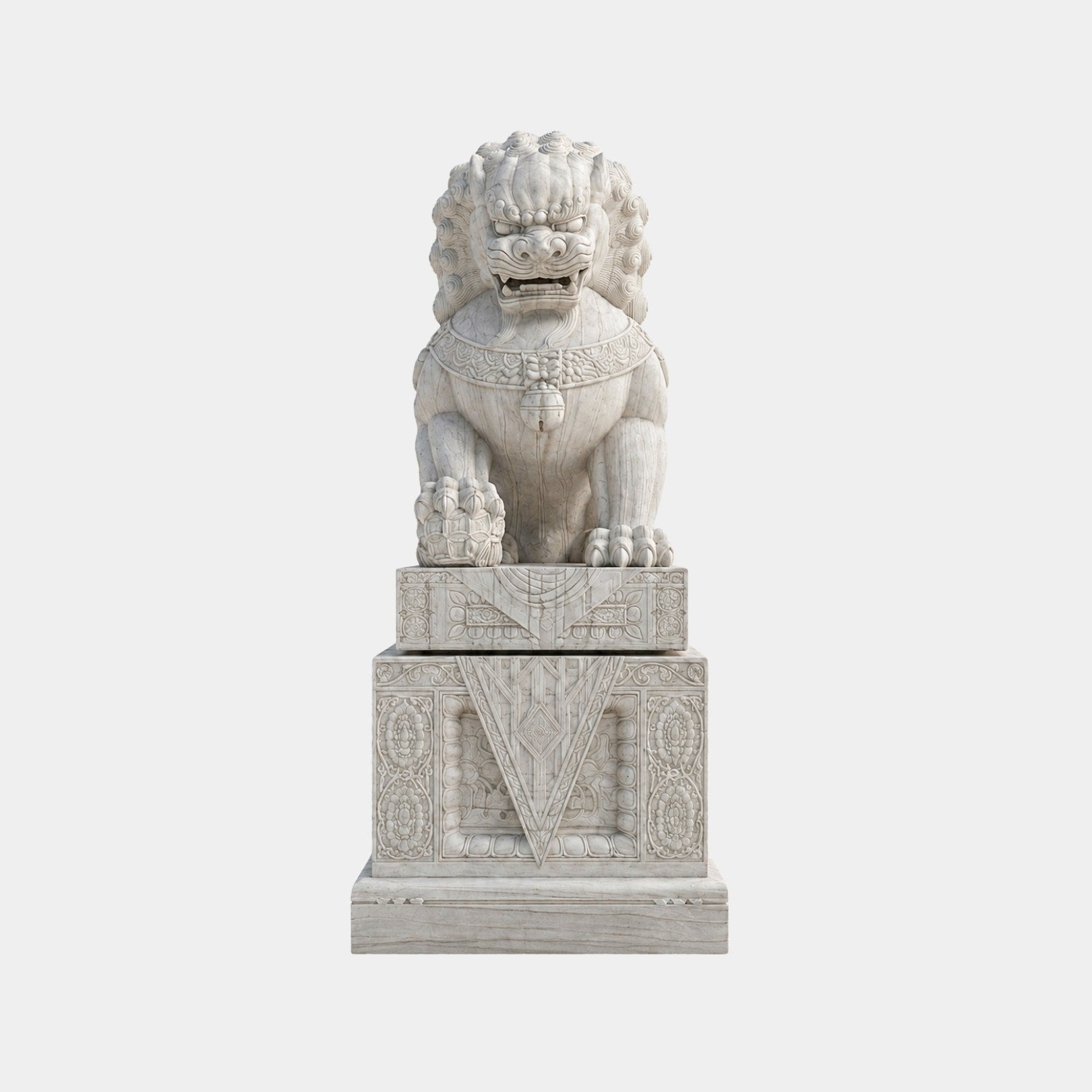 Cream marble Chinese guardian lion with banded grey veining on a deep medallion plinth, 260cm