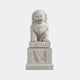 Cream marble Chinese guardian lion with banded grey veining on a deep medallion plinth, 260cm