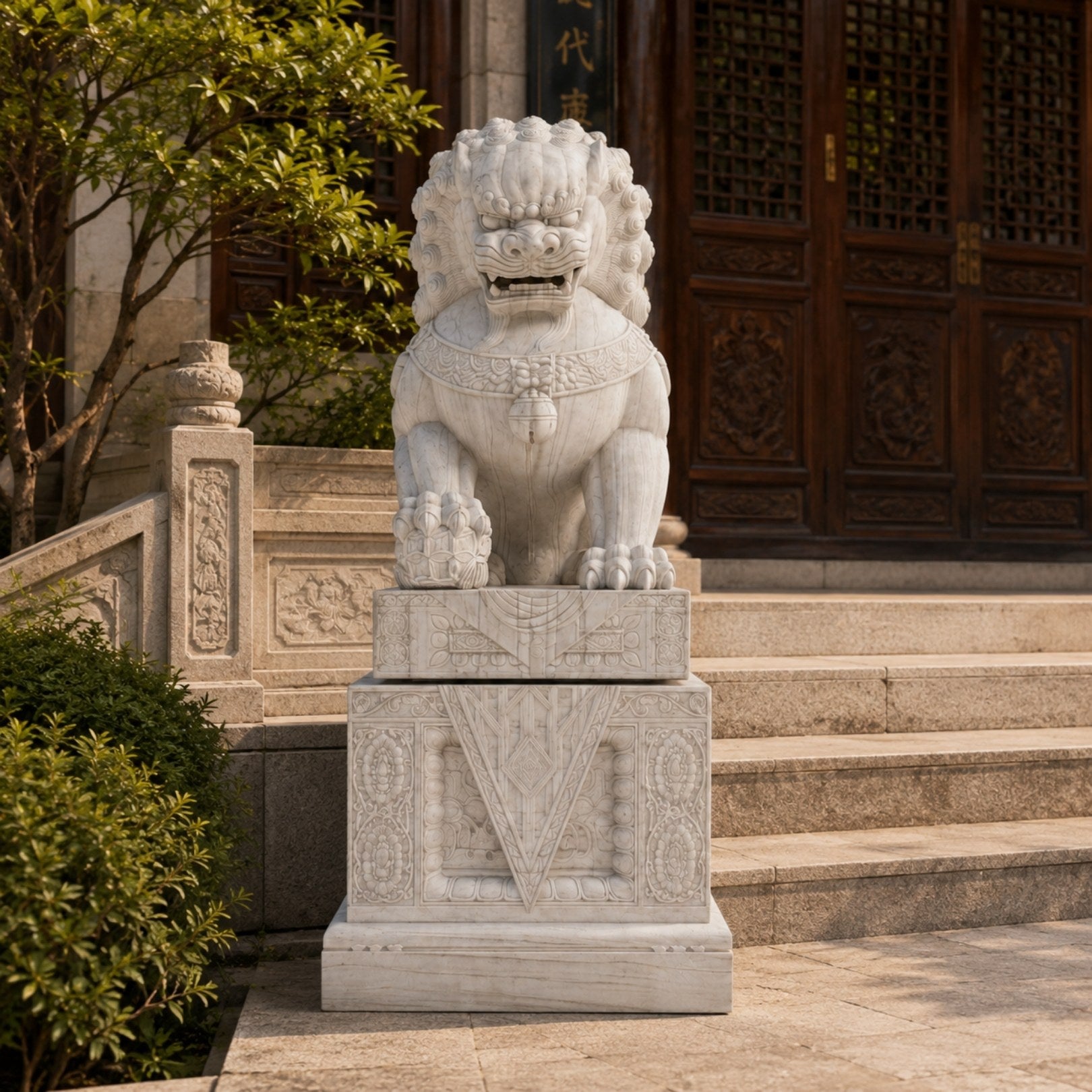 Cream marble guardian lion on its plinth beside a temple stair balustrade