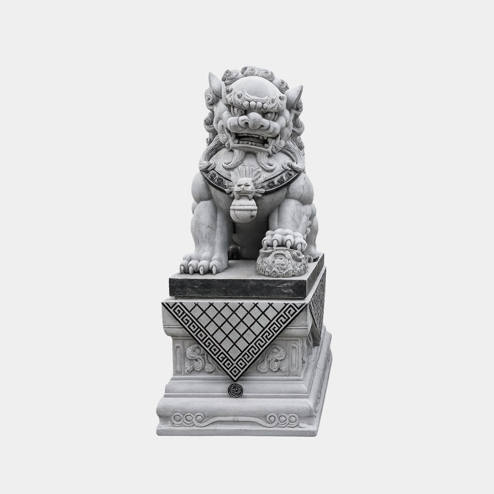 Marble Chinese guardian lion, paw on a cub, on a plinth with a dark cap slab