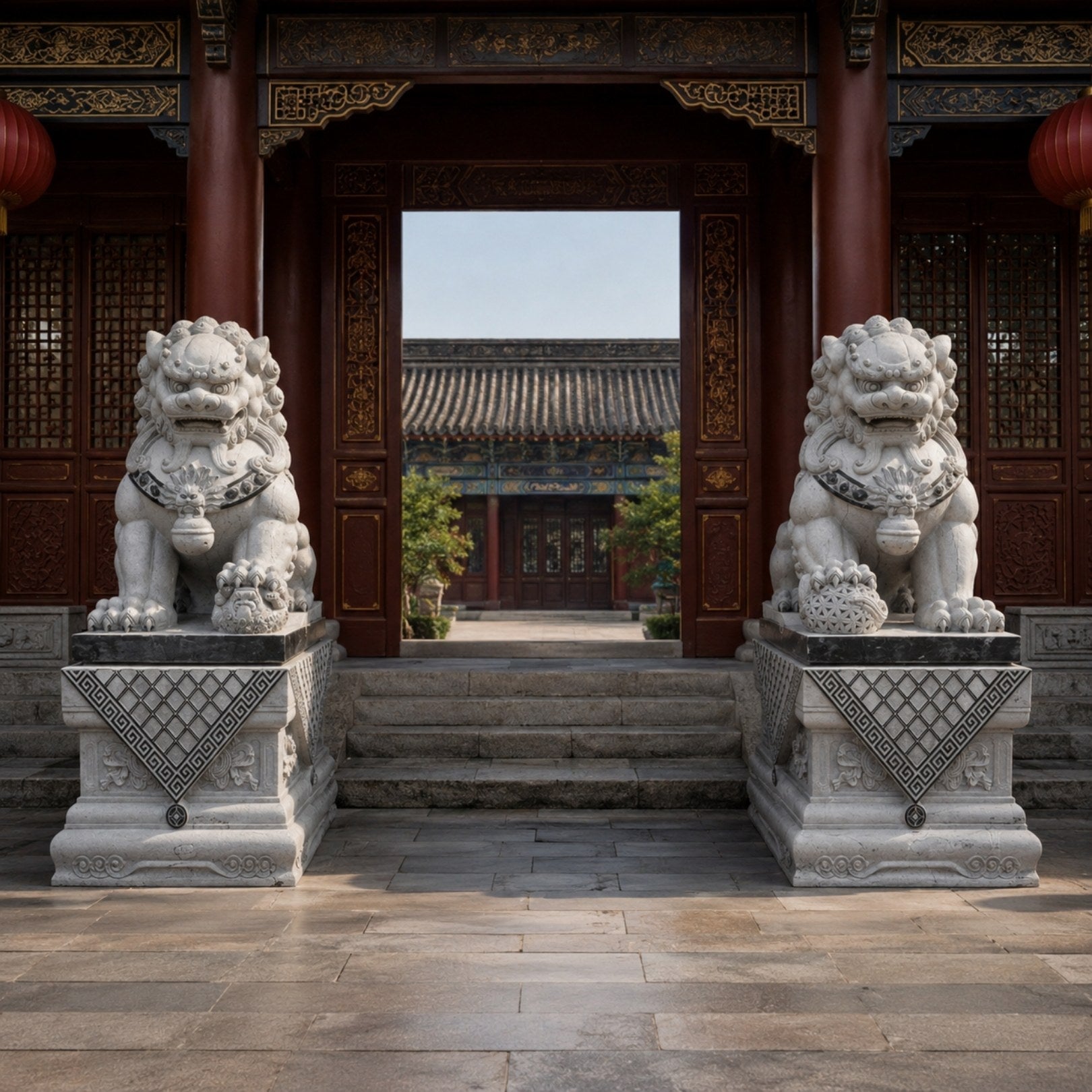 The pair of guardian lions on dark-capped plinths flanking a temple gateway