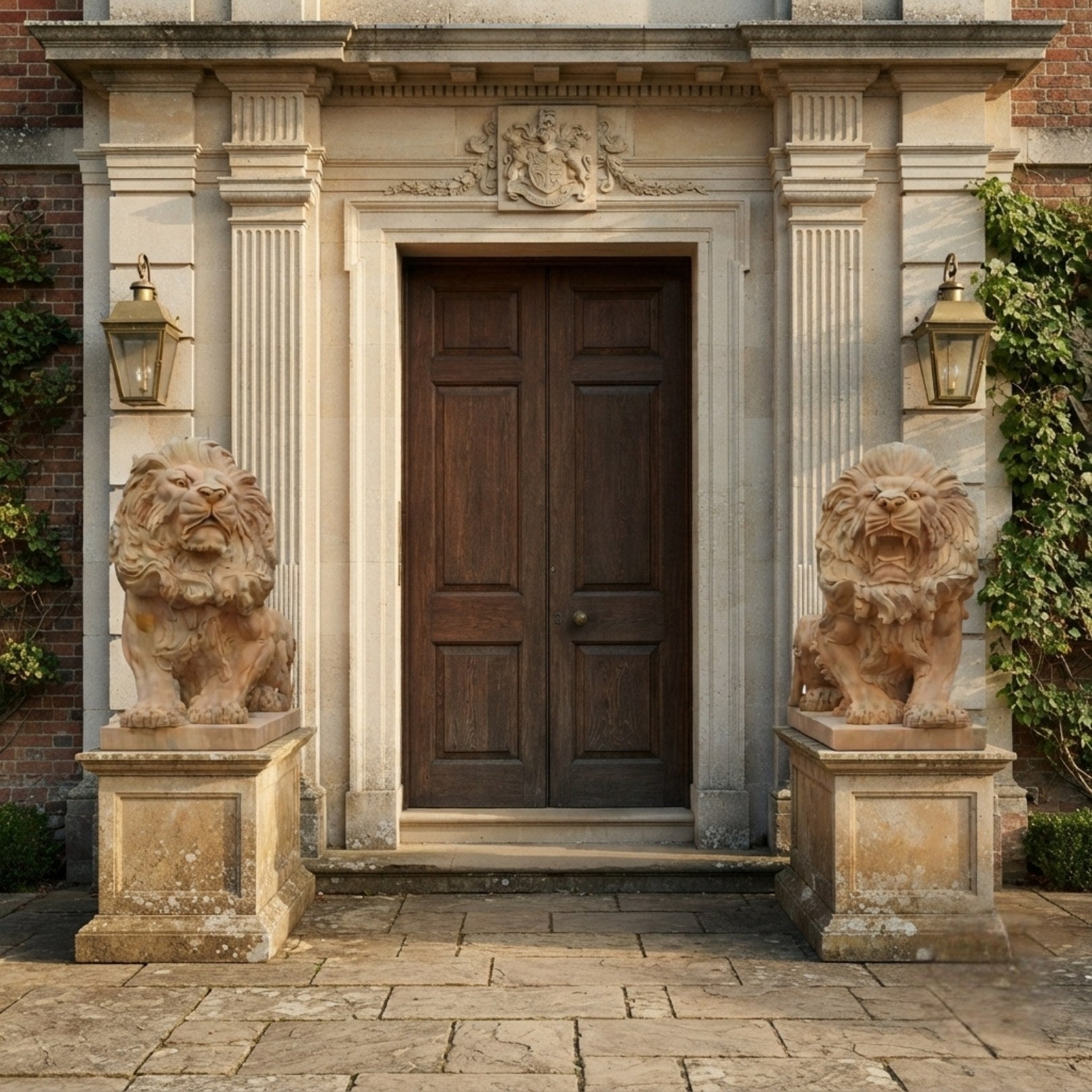 The pair of seated brown stone lions flanking a country-house doorway