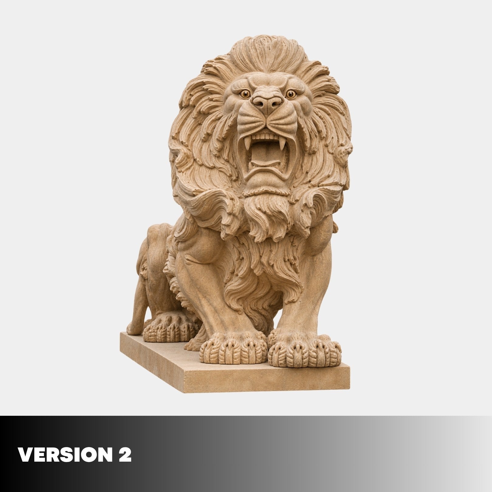 Version 2 of the seated lion, jaws wide and the forepaws spread