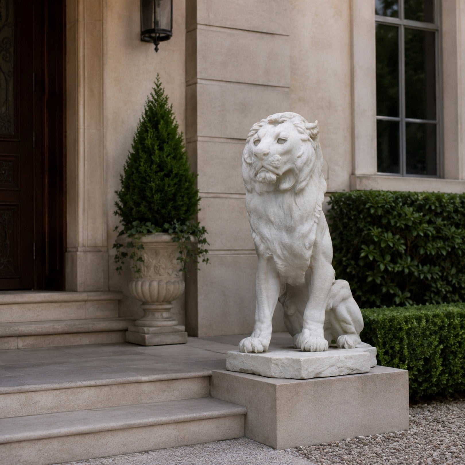 White marble lion seated on its rock-faced slab at a house entrance