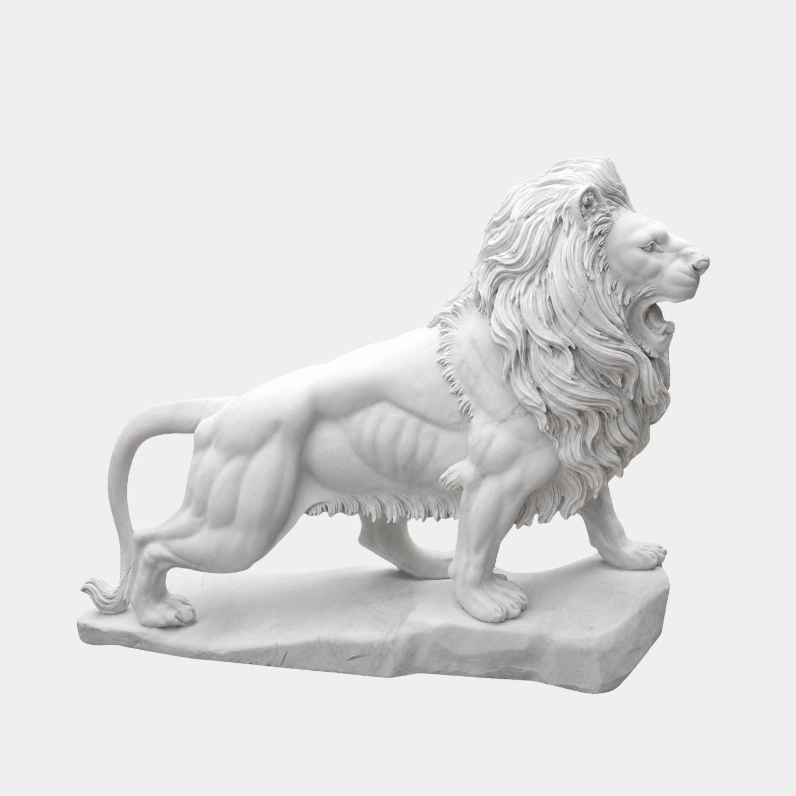 White marble lion mid-stride in full profile with its tail over its back, 120cm
