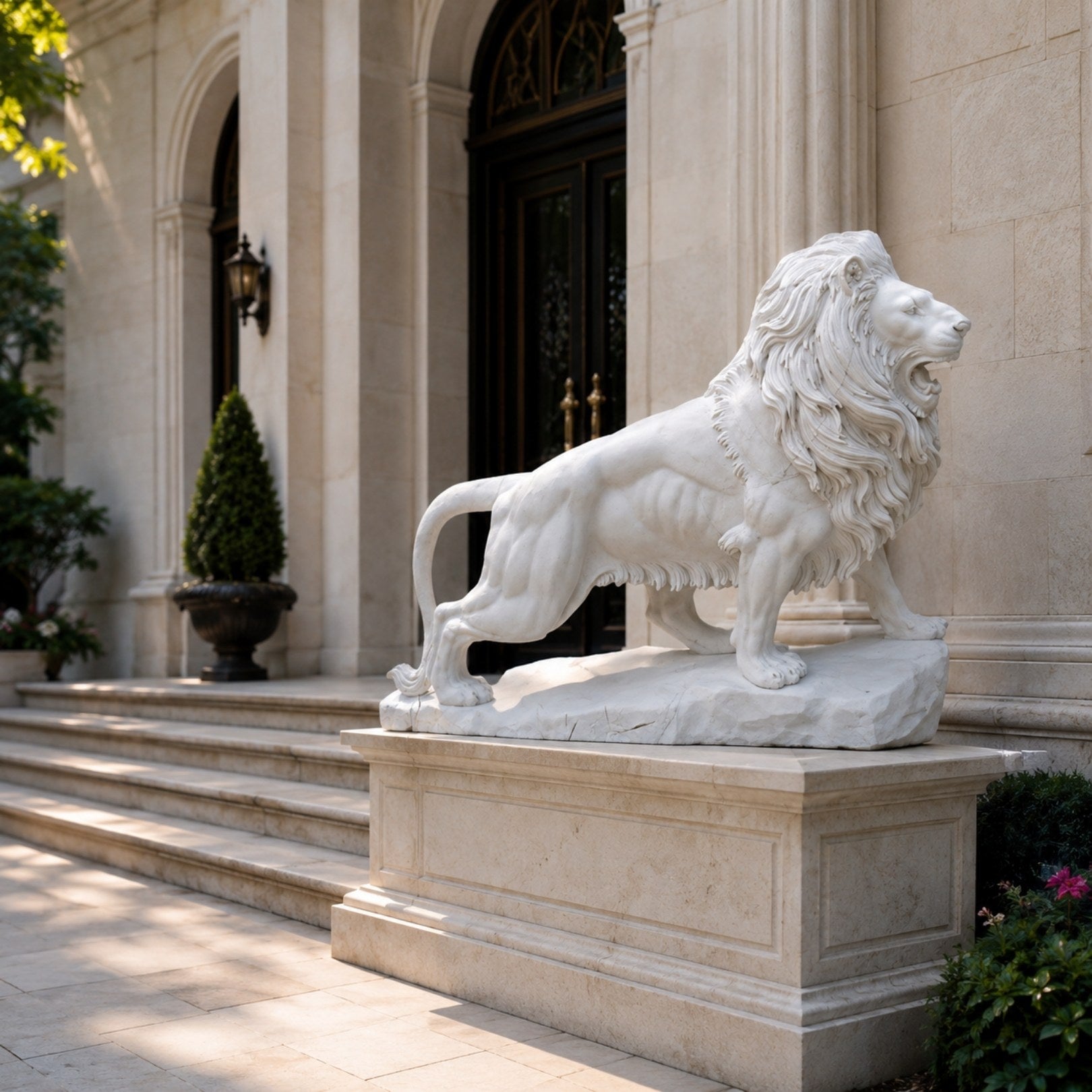 White marble lion in profile mid-stride on its rock-faced slab